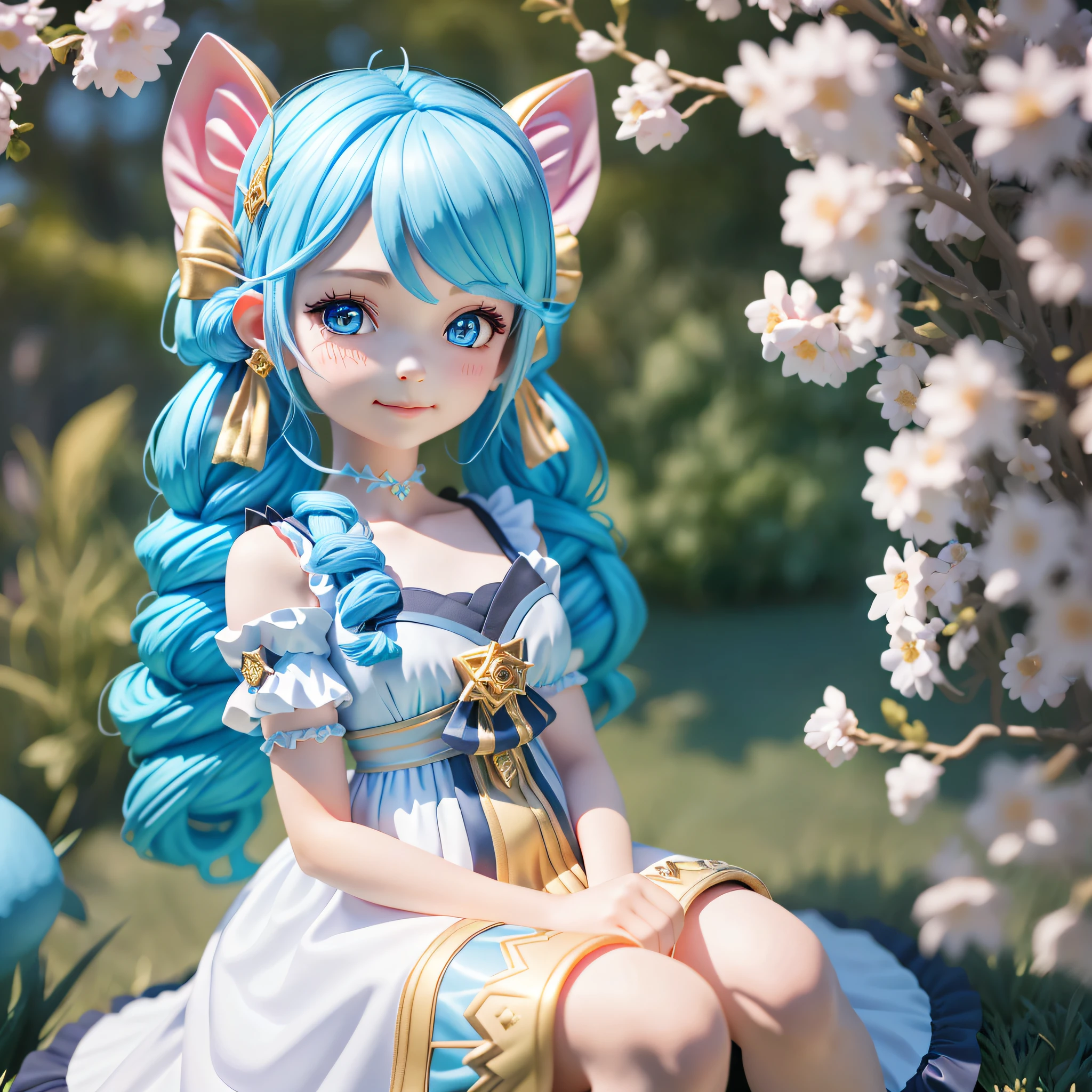 1girll, Black bow, Black gloves, black sock, Blue eyes, Blue hair, clarkbone,Spiral braids， dress, Drill hair, frill dress, frilld, mitts, Gwen\(league of legend), hair adornments，A high resolution，League legendary，long whitr hair，Split lips，Puff sleeves，Pink pupils，Smiled，独奏，White dress，X，10th Hair Accessories，Sitting down，Sit，inside in room，seminude，Delicate hair，Arm carving，Blue hair，blossoms，Delicate shoes，Depiction of facial features，Delicate facial features，Eye portrayal，Delicate hair，Popmart blind box，Clay texture，the golden ratio，Black and white background，natural  lightting，Best quality at best，hyper-detailing，3D art，C4D, OC renderer, a 3D render, 8K，Various actions，Blushlush，Q version，（Big head doll:2），gnome，Round toot