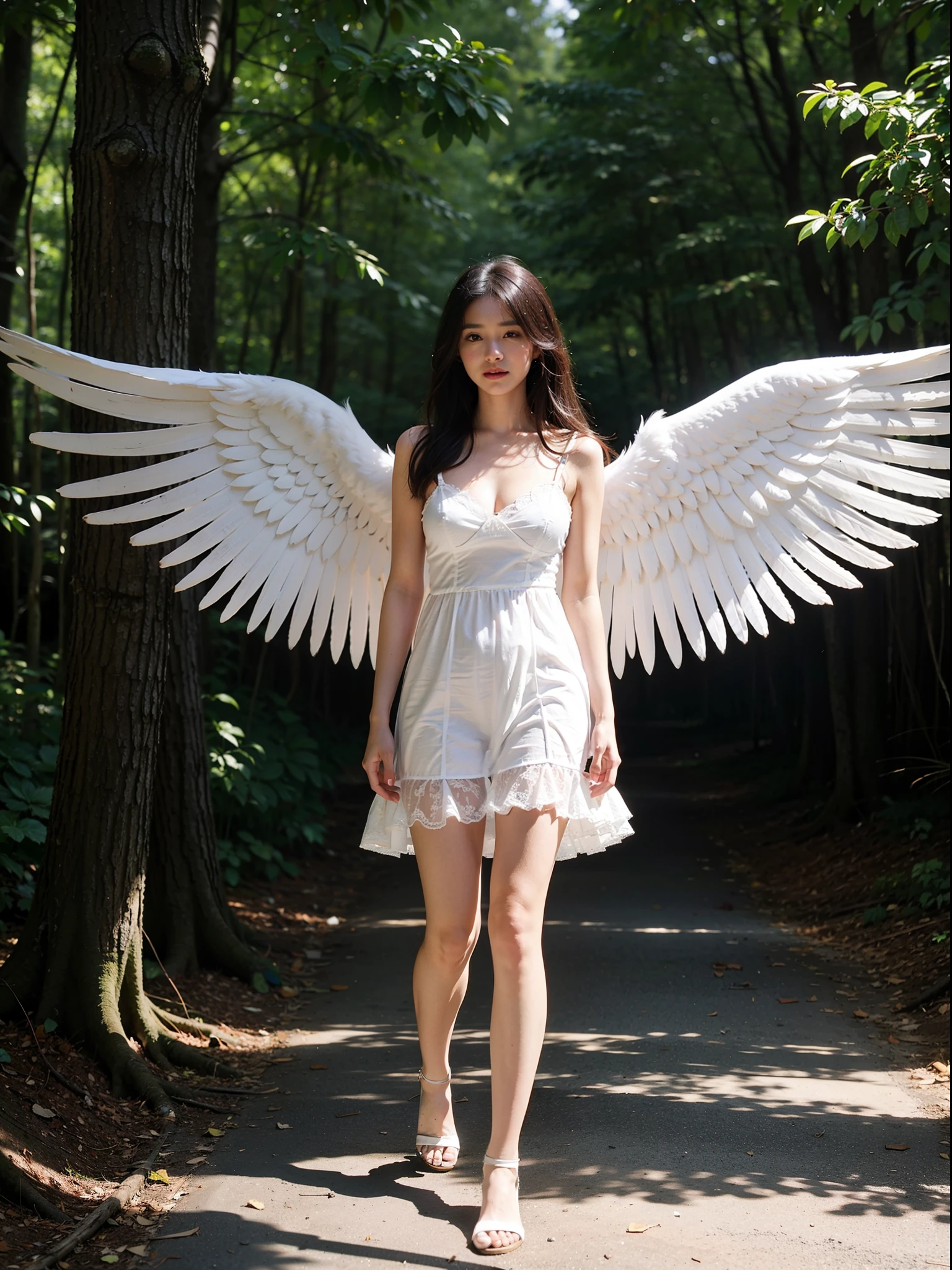 breast enhancement,reality,offcial art,8K quality,Super detail,fine detail skin,Movie Angle,cinematic textures,Movie lighting,Masterpiece,Best picture quality,deepshadow,Backlight,1 girl,Zhu lips,Messy hair,showing panties,pantyshot,underbust,1girll,Whole body,White_Stockings,Lace stock,Long hair,upper legs,Lace, Angel in white dress walking in woods,Sunlight hits the woods,Full body angels, Naked girl, White stockings, White silk wings,, Wide-angle angel shot, white dresses,Beautiful angel in white dress,nudegirl , crisp breasts,Gas bangs),ssmile, best qualityer,tmasterpiece,(realisticlying:1.4)