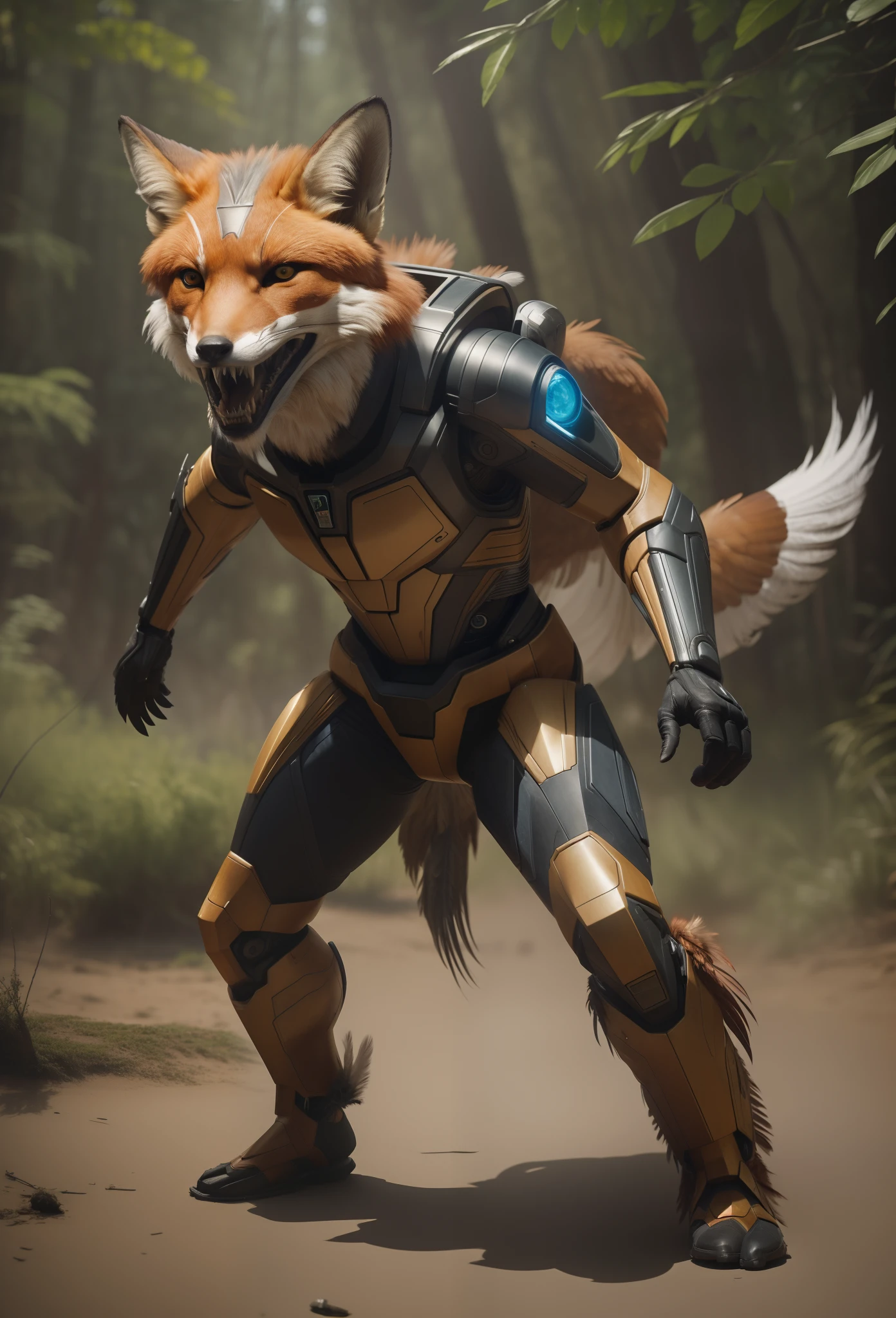 Sci fi humanoid creature with the feathers of a fox and mutant traits similar to rocket teeth roar expressive eye brows real photography, natural light, photorealism, cinematic rendering, ray tracing, the highest quality, the highest detail, Cinematic, Third-Person View, Blur Effect, Long Exposure, 8K, Ultra-HD, Natural Lighting, Moody Lighting, Cinematic Lighting