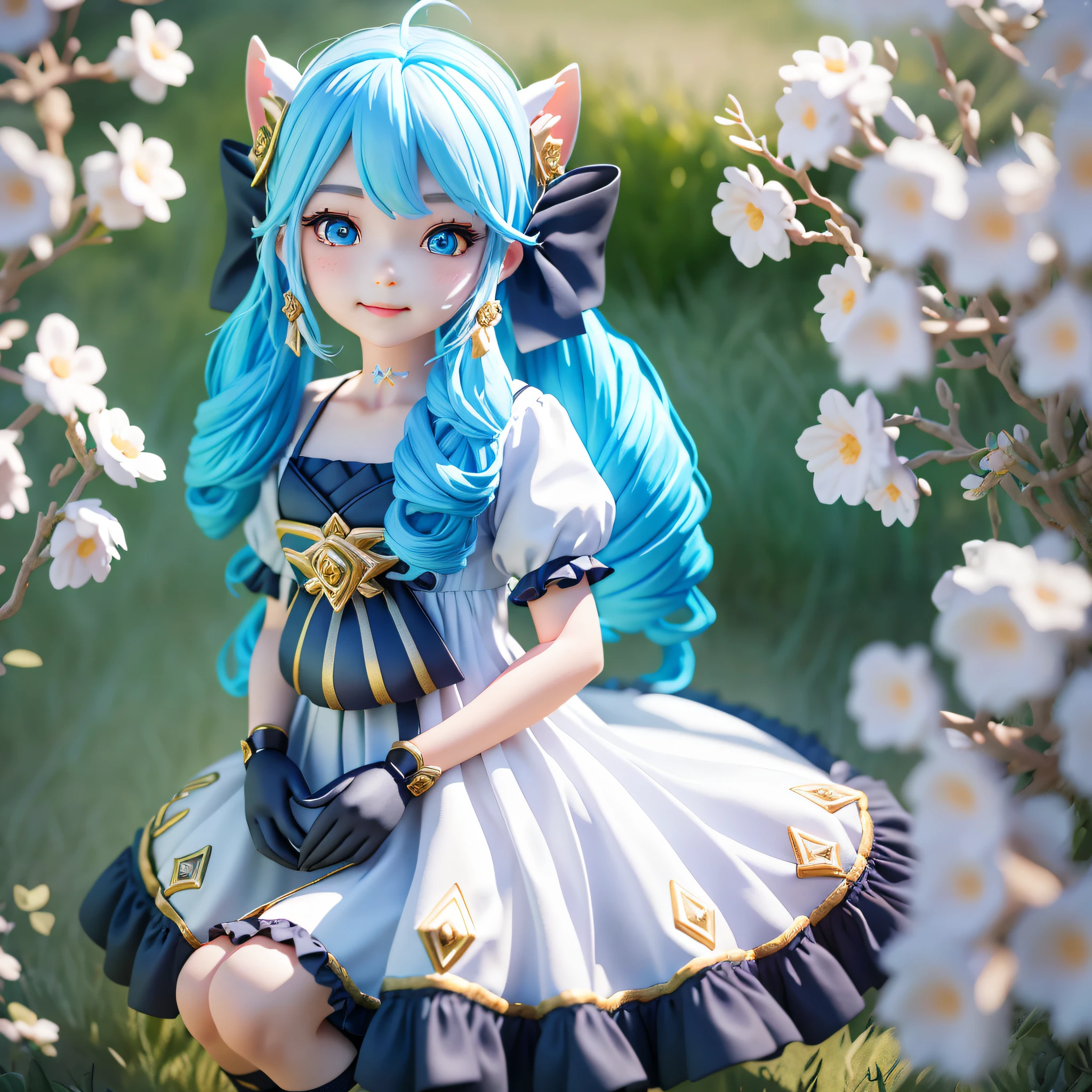 1girll, Black bow, Black gloves, black sock, Blue eyes, Blue hair, clarkbone,Spiral braids, dress, Drill hair, frill dress, frilld, mitts, Gwen\(league of legend), hair adornments,A high resolution,League legendary,long whitr hair,Split lips,Puff sleeves,Pink pupils,Smiled,独奏,White dress,X,10th Hair Accessories,Sitting down,Sit,inside in room,seminude,Delicate hair,Arm carving,Blue hair,blossoms,Delicate shoes,Depiction of facial features,Delicate facial features,Eye portrayal,Delicate hair,Popmart blind box,Clay texture,the golden ratio,Black and white background,natural lightting,Best quality at best,hyper-detailing,3D art,C4D, OC renderer, a 3D render, 8K,Various actions,Blushlush,Q version,(Big head doll:2),gnome,Round toot