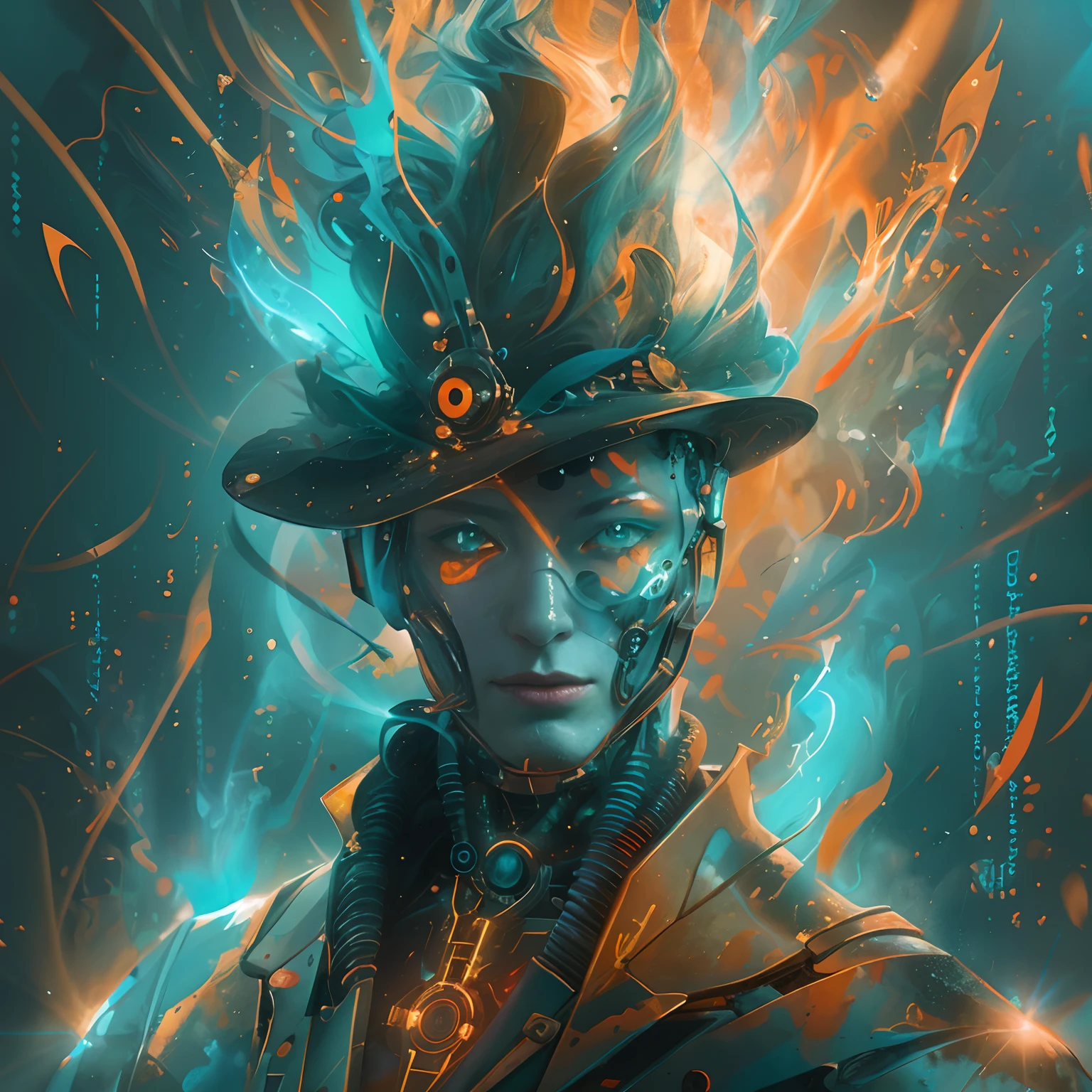 Masterpiece, create a vivid and striking splash art depicting a mesmerizing cybernetic magician bathed in a captivating color scheme of teal and orange. Employ an anamorphic lens flare effect to enhance the captivating aura of the artwork.