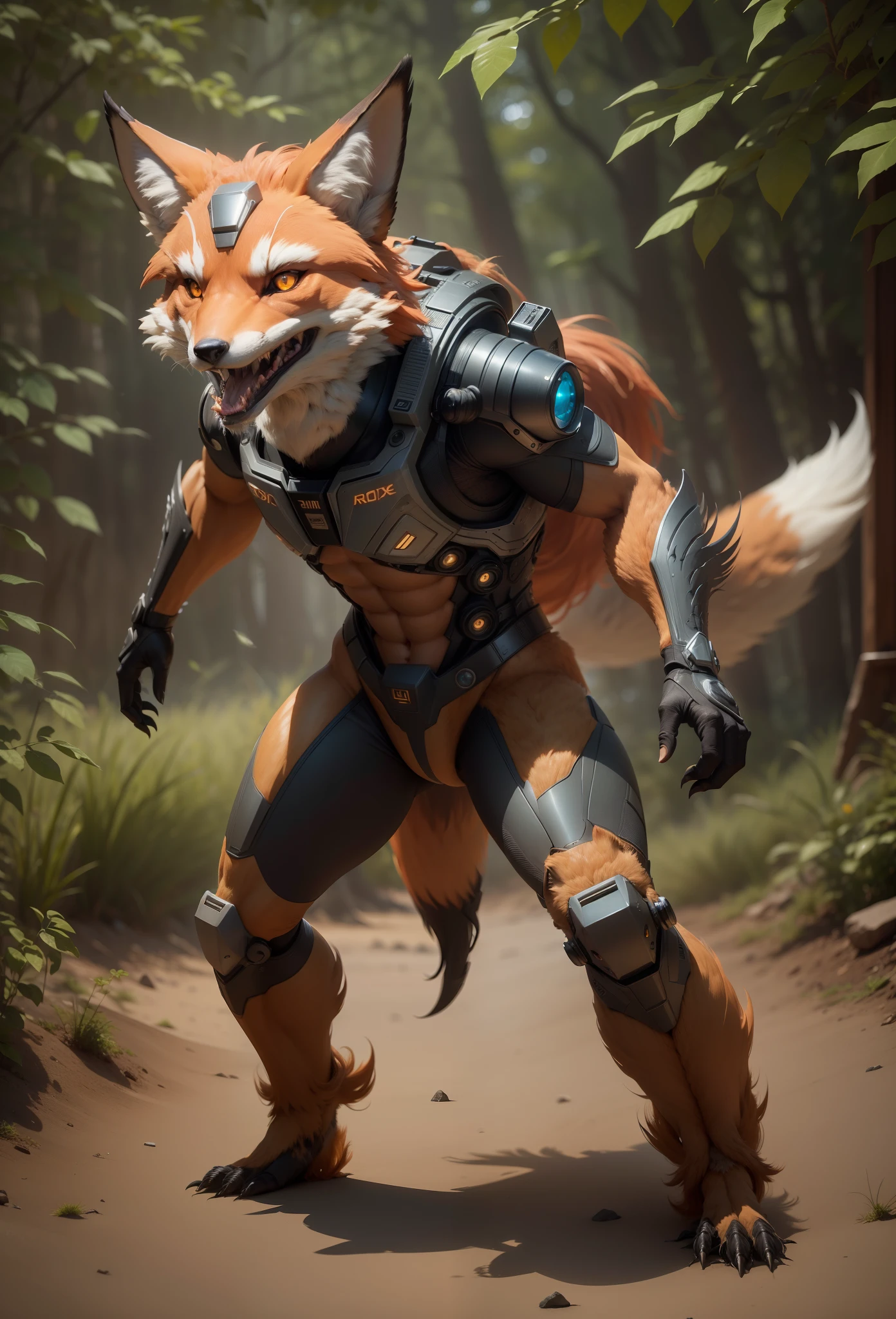 Sci fi humanoid creature with the feathers of a fox and mutant traits similar to rocket teeth grinning roar real photography, natural light, photorealism, cinematic rendering, ray tracing, the highest quality, the highest detail, Cinematic, Third-Person View, Blur Effect, Long Exposure, 8K, Ultra-HD, Natural Lighting, Moody Lighting, Cinematic Lighting