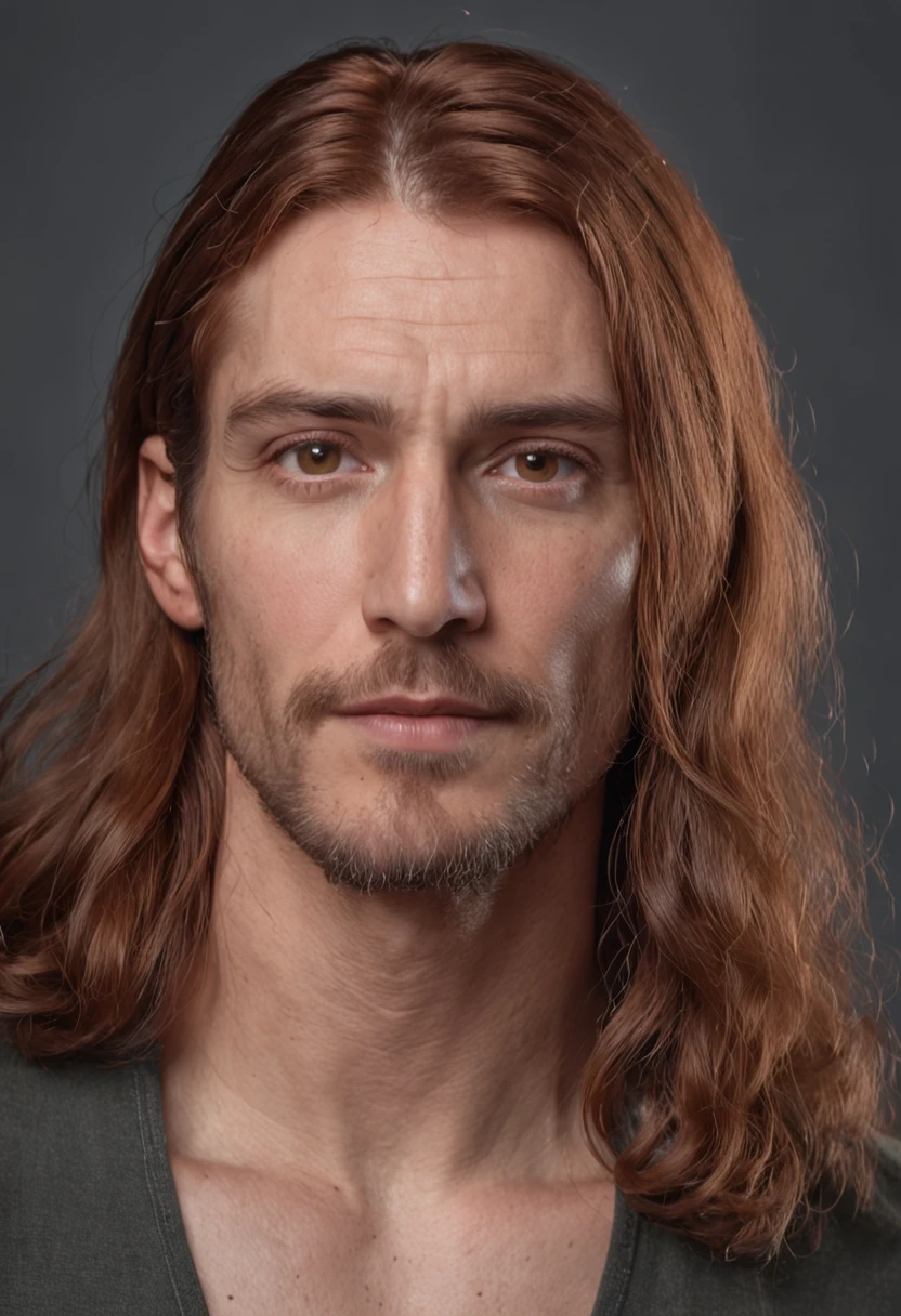 a portrait photo of, James Hebert and TOP mix headshot as a weathered 30-year-old man, ugliness, Hideous, lanyard, broad shoulder, well built, rugged, long copper rust-colored hair, Hair tied in a loose ponytail, Widow's peak,Whole body muscles ，Confident expression, intense stare, full bodyesbian，Beardless，