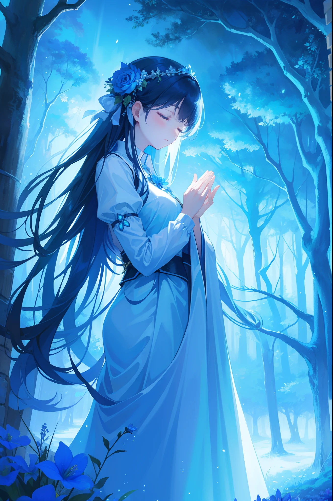 an enchanted forest,A maiden praying with her eyes closed,Gloomy environment,Blue light,Blue flower,nigth