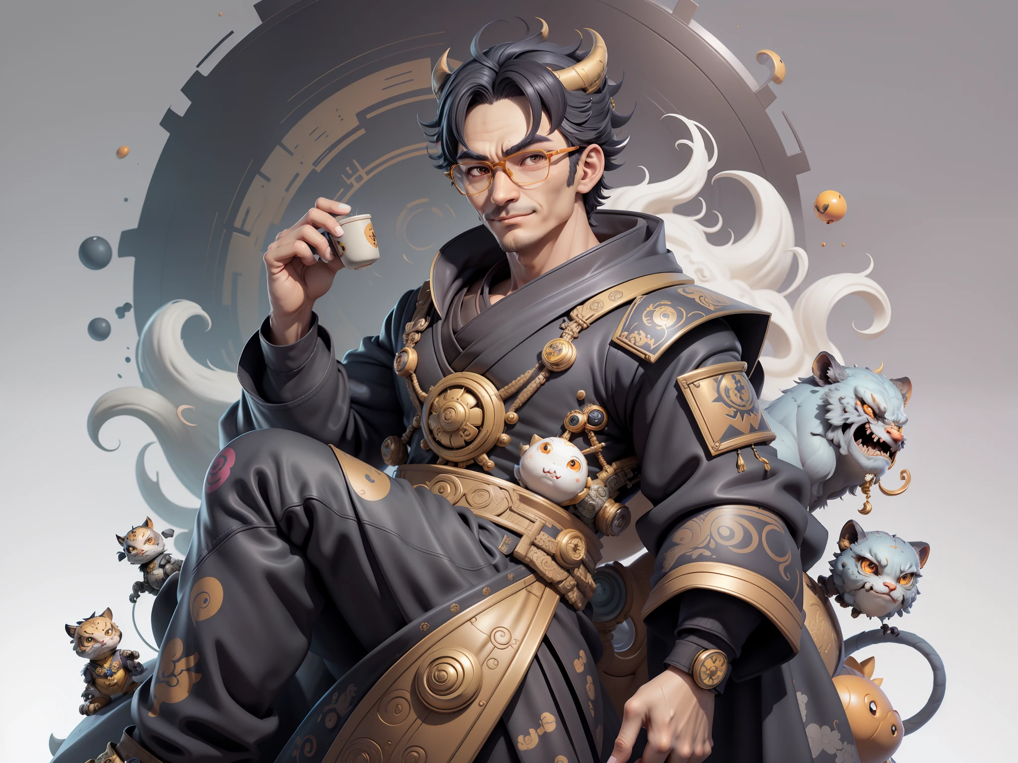 (Masterpiece), (Excellent), (Super Meticulous), (Full Body: 1.2), Super Young Man with Japanese Female Geisha, Pretty, Beautiful, Chinese Dragon, Tiger, Wind God Thor, Sexy, Bursting, Oriental Face, TV Anchor, Bust Portrait Illustration, Black Suit, Blue Tie, Slightly Chubby Face, Silver Glasses, Very Clean Face, No Beard on Chin, Black Super Short Hair, Black Eyes, Confident Smile, 3c Computer Sub-Products, iPad, iPhone, Digital Painting, 3D character design by Mark Clairedon and Pixar and Hayao Miyazaki and Akira Toriyama, the illustrations are HD illustrations in 4K resolution with highly detailed facial features and cartoon-style visuals.
