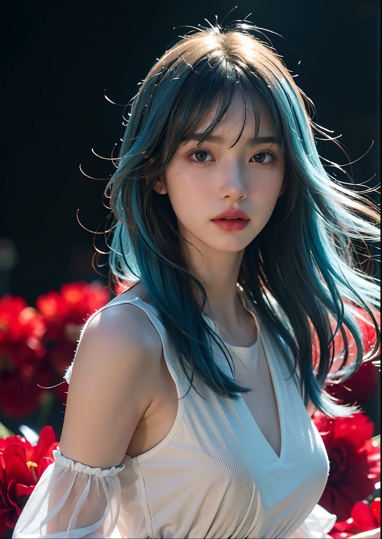 (masterpiece), (best quality), (ultra detailed),(disheveled hair),(illustration), (1girl), (Fashionable clothing), standing red sexy dress, Fashion model, looking at viewer, (interview), (simple background),beautiful detailed eyes, delicate beautiful face, Floating,(high saturation),(colorful splashes),colorful bubble,(shining), focus on face, kamisato ayaka, light blue hair, bangs, hair ring, floating flowers, long hair.Girl, anime waifu, looking at viewer, highlydetailed, reflections transparent iridescent colors, long transparent iridescent RGB hair, artby Serafleur from artstation, thick acrylic,illustration on pixiv, waist up portrait, gorgeoussacred girl, best quality, ultra detailed,sad,clever,beautiful face , beautiful lighton black background, Character stvle renderedby Octane,