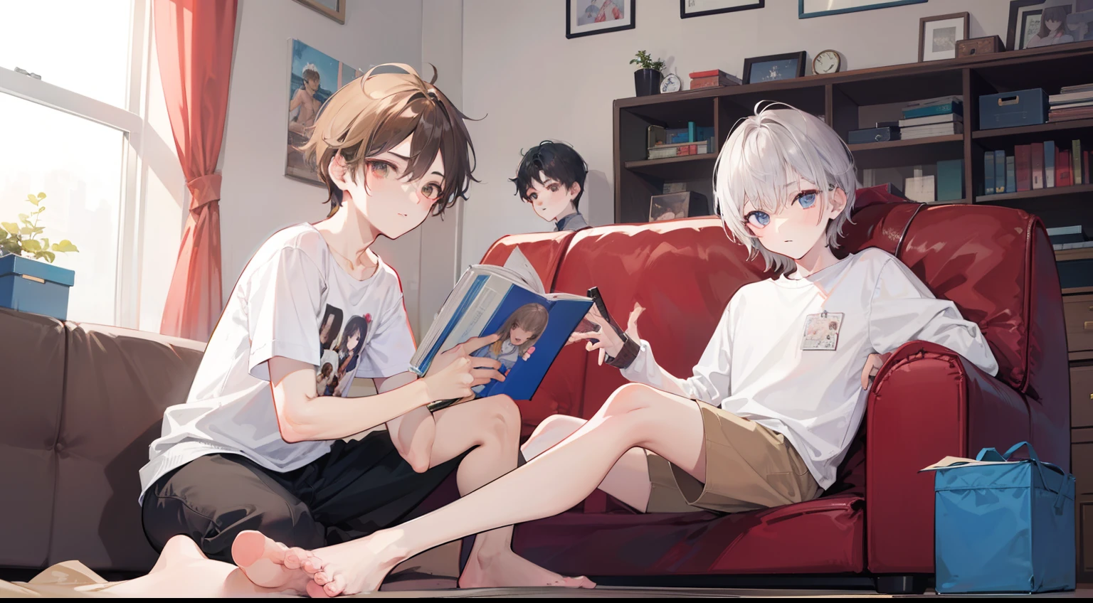 Two , Silver-haired boy and brown-haired boy, Boy's room、sofas、Boys Love、Read doujinshi、hight resolution、ultra-detailliert
