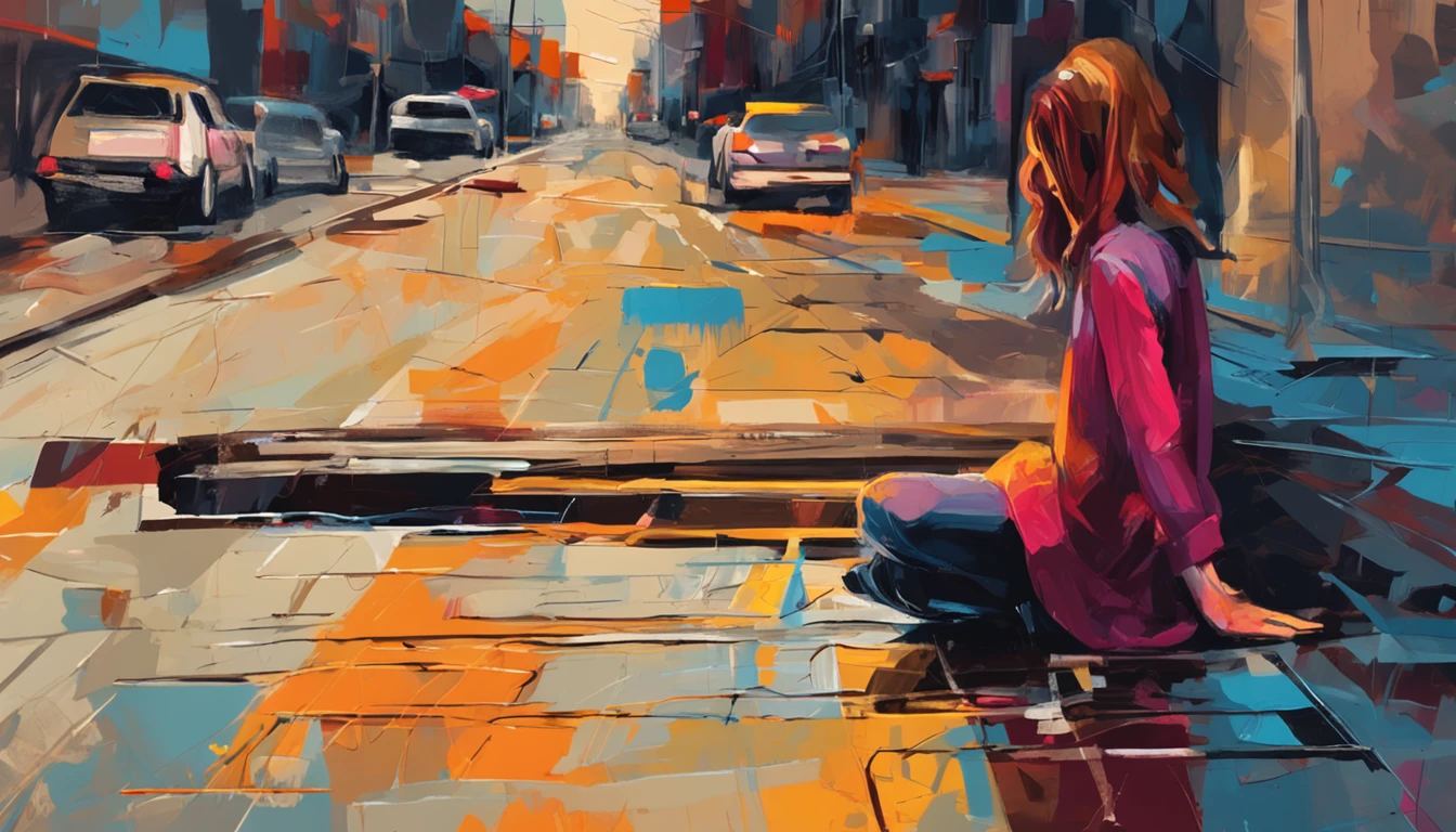Abstract painting of a sad violinist woman on the floor on the sidewalk