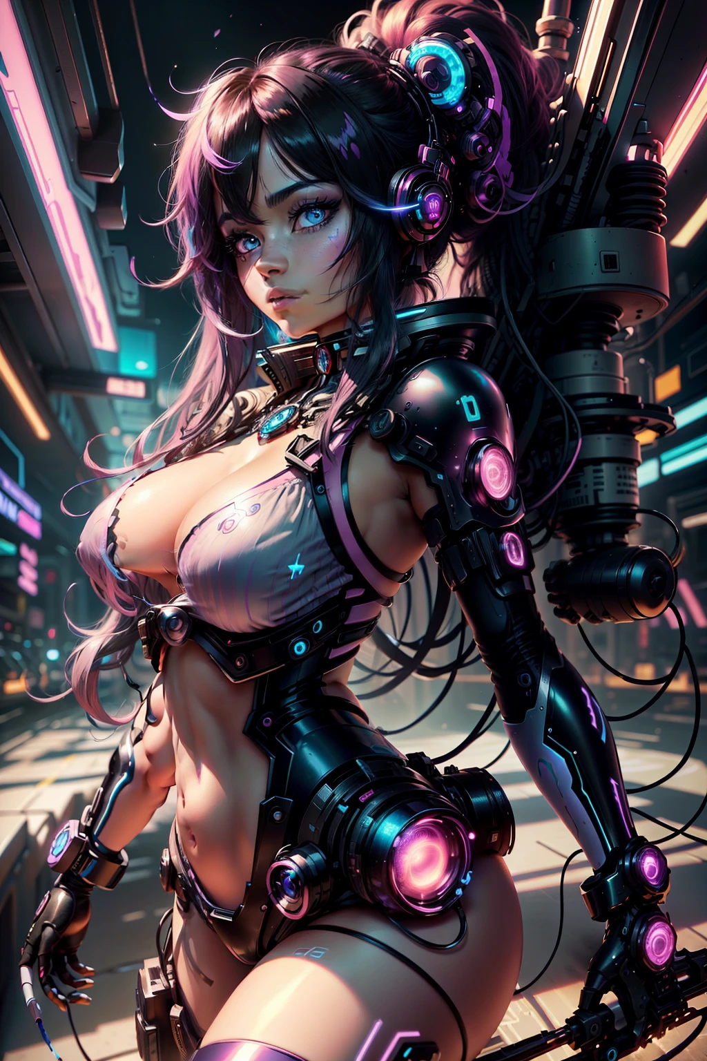 detailed anime style,beautiful and stunning artwork, shimmering shadows, strong colors, candy cotton pastell colors, a racoonwoman, black hair, blue eyes, cyberpunk background with pink and blue lights --auto