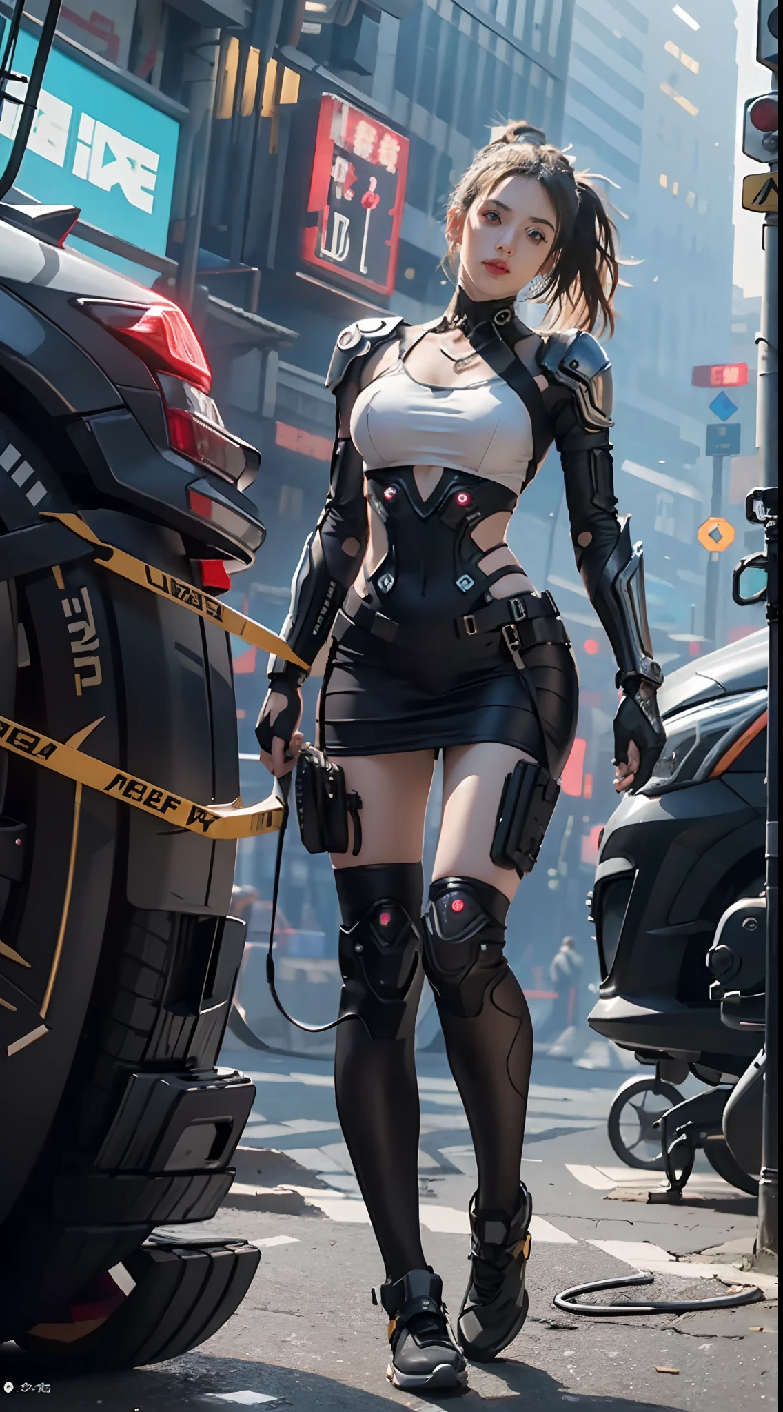 Best Quality)), ((Masterpiece)), (Very Detailed:1.3), 3D, Beautiful (Cyberpunk:1.3)), 1 girl, full body, ponytail white hairstyle, big breast, slender body, slender hips, big breasts, Lying Down with Hands Behind the Head , bottom angles, from below, wearing full ((heavy cyberpunk armor)) with neon trim, (head-mounted displays), fiber optic cables, company logos, science fiction, Night Cyberpunk city background, Gantz, In the Style of Cyberpunk 2077, Ultra realistic photo, masterpiece, best quality, CG, wallpaper, HDR, high quality, high-definition, extremely detailed, {beautiful detailed face}, {beautiful detailed eyes}, (detailed light){{intricate detail}}, {highres}, ((detailed face)), neon light, chiaroscuro, key visual, intricate detail, highly detailed, breathtaking, vibrant, cinematic, low ISO, white balance, rule of thirds, wide aperture, 8K RAW, efficient sub-pixels, subpixel convolution, luminous particles,