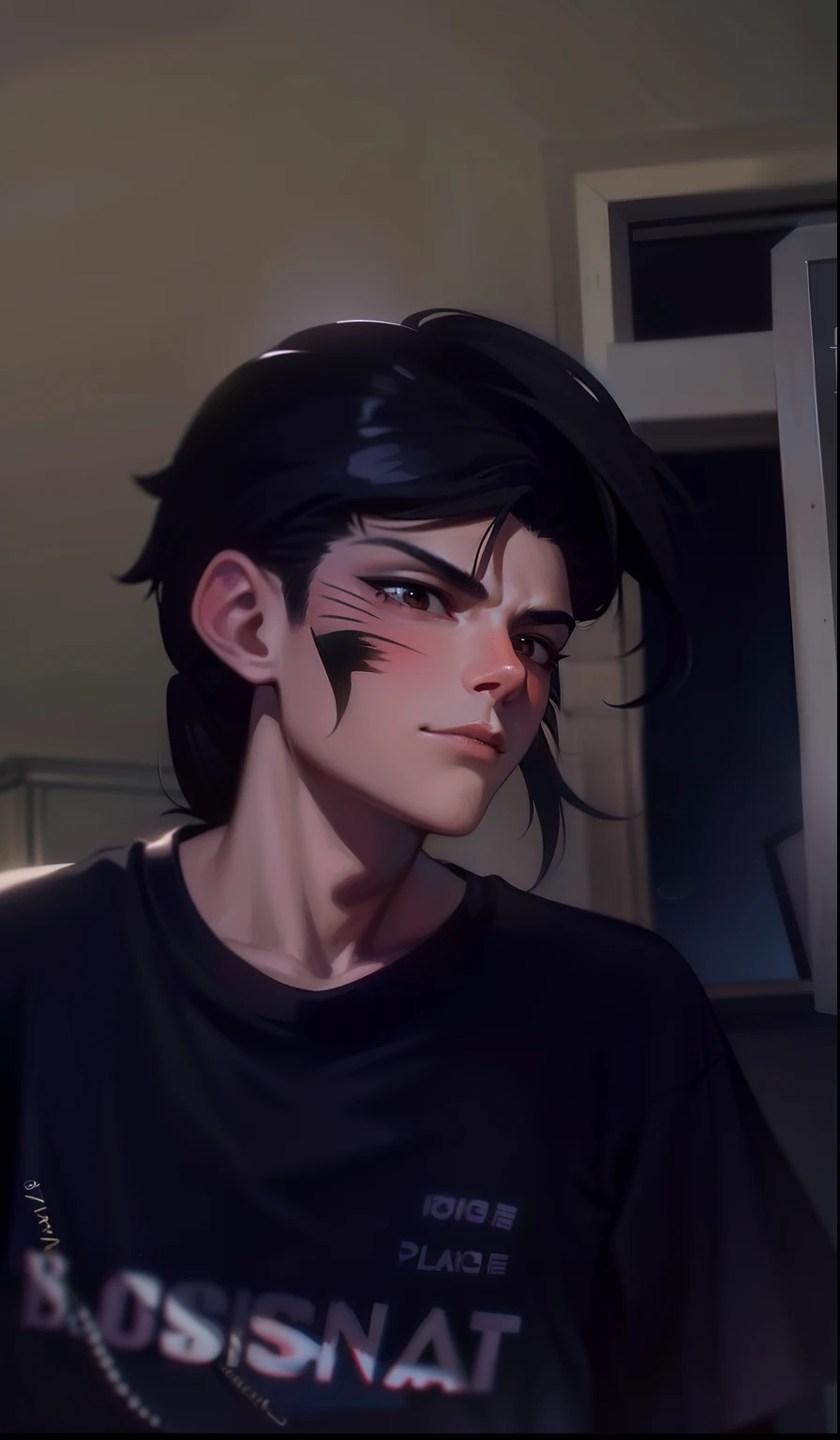 an anime, a kiss on his cheek, masterpiece, best quality, high quality, 1boy 18, solo, male focus, looking at right, cold light, (prison garb:1.2), (happy:1.1), (brown_eyes:1.2), (Zaffre eyes color:1.1), (mullet:1.2), (black double bangs hair :1.2), (black T-shirt clothes:1.5), (prison:1.2)