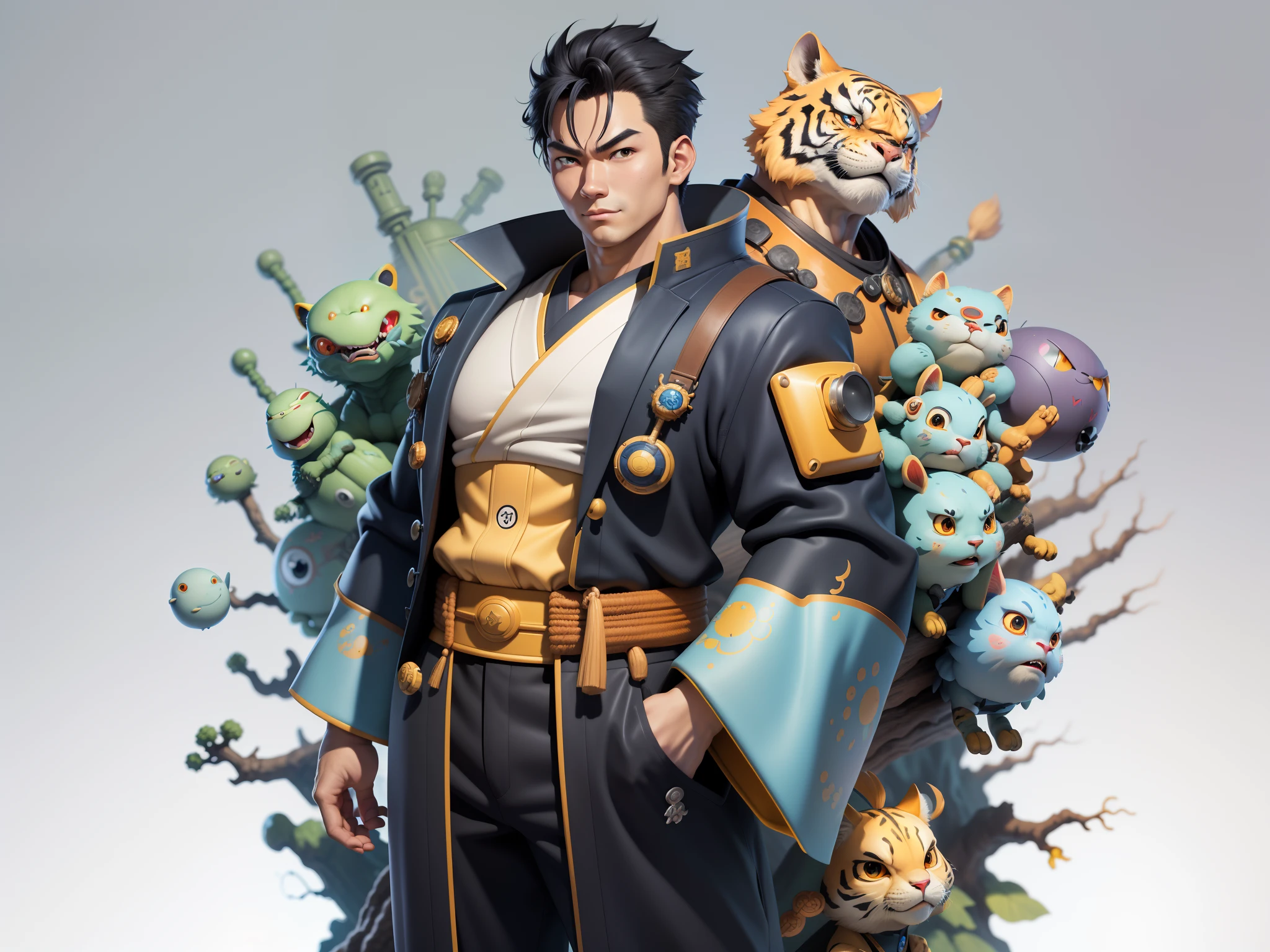 (Masterpiece), (Excellent), (Super Meticulous), (Full Body: 1.2), Super Young Man, Oriental Face, Japanese Kimono, Japanese Wind Thunder God, Dragon, Tiger, TV Anchor, Bust Portrait Illustration, Alone, Black Suit, Blue Tie, Slightly Chubby Face, Very Clean Face, No Beard, Black Super Short Hair, Black Eyes, Confident Smile, 3c Computer Sub-Products, iPad, iPhone, Digital Painting, 3D Character Design by Akira Toriyama and Mark Claireden and Pixar and Hayao Miyazaki, The illustration is a high-definition illustration in 4K resolution with very detailed facial features and cartoon-style visuals.