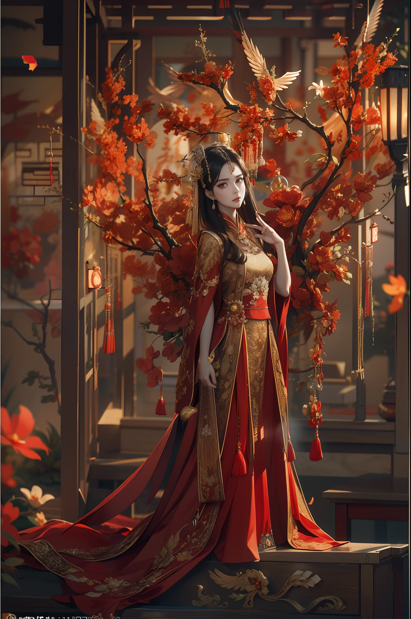 （ 8K， dynamic action， pale washed out style， Dreamy nostalgia， soft focus， dark halo， light  leaks， Medium photography， Coarse grain photos， tmasterpiece， top-quality， 8K， realisticlying， Very dense CG， shiny skins，）1girll，sportrait，Chinese elements，A woman in a red and gold dress，Phoenix crown,