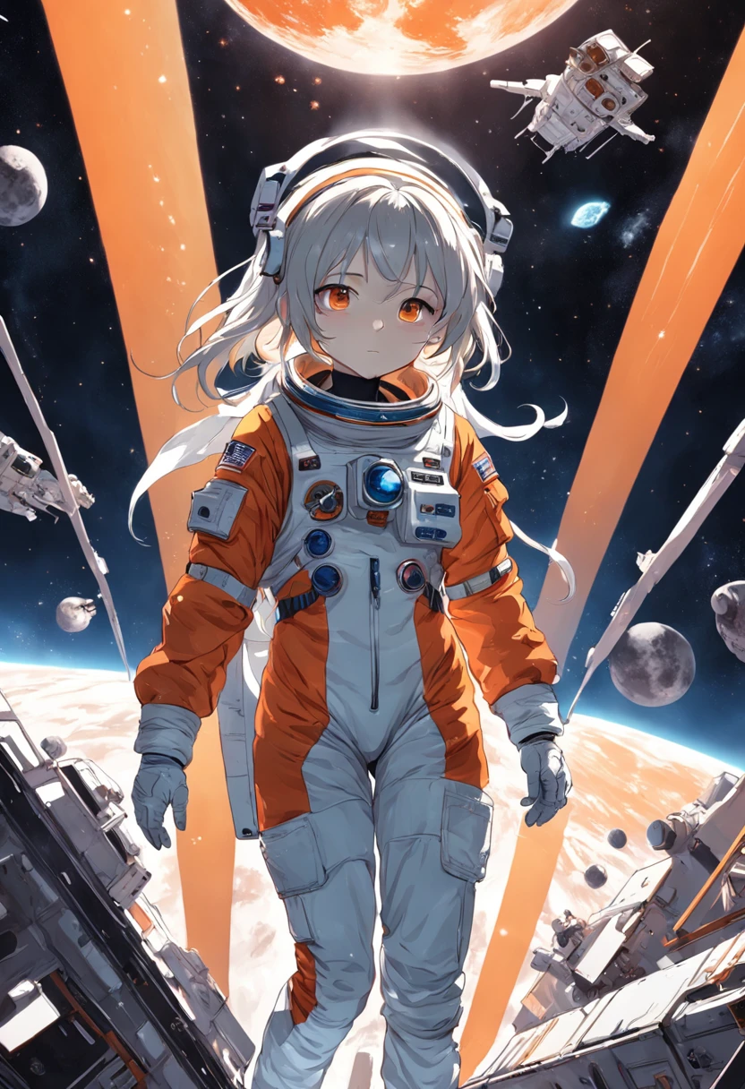 (highest quality、masterpiece、High resolution、detailed)､(Shining eyes、detailed美しい顔)､Beautiful short hair anime girl, ,(space flight士), (Spacesuit helmet:1.3)、Extravehicular Activity Unit、Beautiful anime in space suits, outer space, white haired god, exquisite details.space flight, anime 4k  、dynamic angle、beautiful anime、space travel、smile