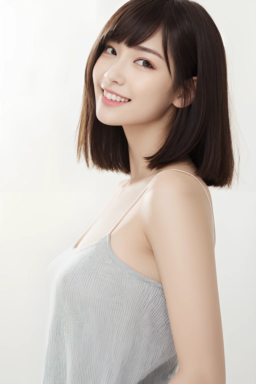 (8k、RAW Photography、top-quality、masterpiece:1.2)、The ultra-detailliert、Hyper-Resolution、(realisitic、photos realistic:1.37)、portlate、High detail RAW color photos、professional photograpy、highly detailed and beautiful、ighly detailed、8k wallpaper、Amazingly detailed、huge filesize、Official Art、the Extremely Detailed CG Unity 8K Wallpapers、Very detailed beautiful girl、extra detailed face、extremely detailed eye、highlydetailed skin、 extremely detailed fingers, highly detailed nose, highly detail mouth, perfect anatomia, highly detailed back ground, Very detailed clothes, 1girl in, (20:1.2), in her 20s, Cute girl s, Realistic body, 小柄, fair white skin, glistning skin, slim body, handsome body, (huge tit), A dark-haired, length hair, (bangss:1.2), a smile, cute little, zora々Right, cute face, lifelike face, Delicat eyes, drooing eyes, (erotick, camisole、cowboy shot、Facing the front、Standing posture、Contrapo、动态照明、cowboy shot、short-hair、