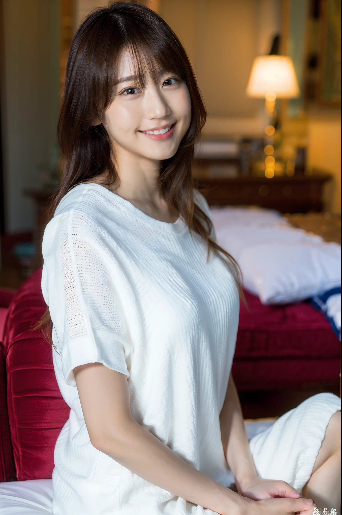 (8K, RAW photo, Best quality, Masterpiece:1.2), (Photorealistic:1.6), (Masterpiece),(Best quality:1.0), (超高分辨率:1.0), Detailed, 40yo girl , Solo , detailed beautiful skin, Detailed room,   ,Realistic skin , Medium breasts, Best quality, 超高分辨率, Cute,  Long hair  , Smile,  , White shirt,  , sitting on bed,