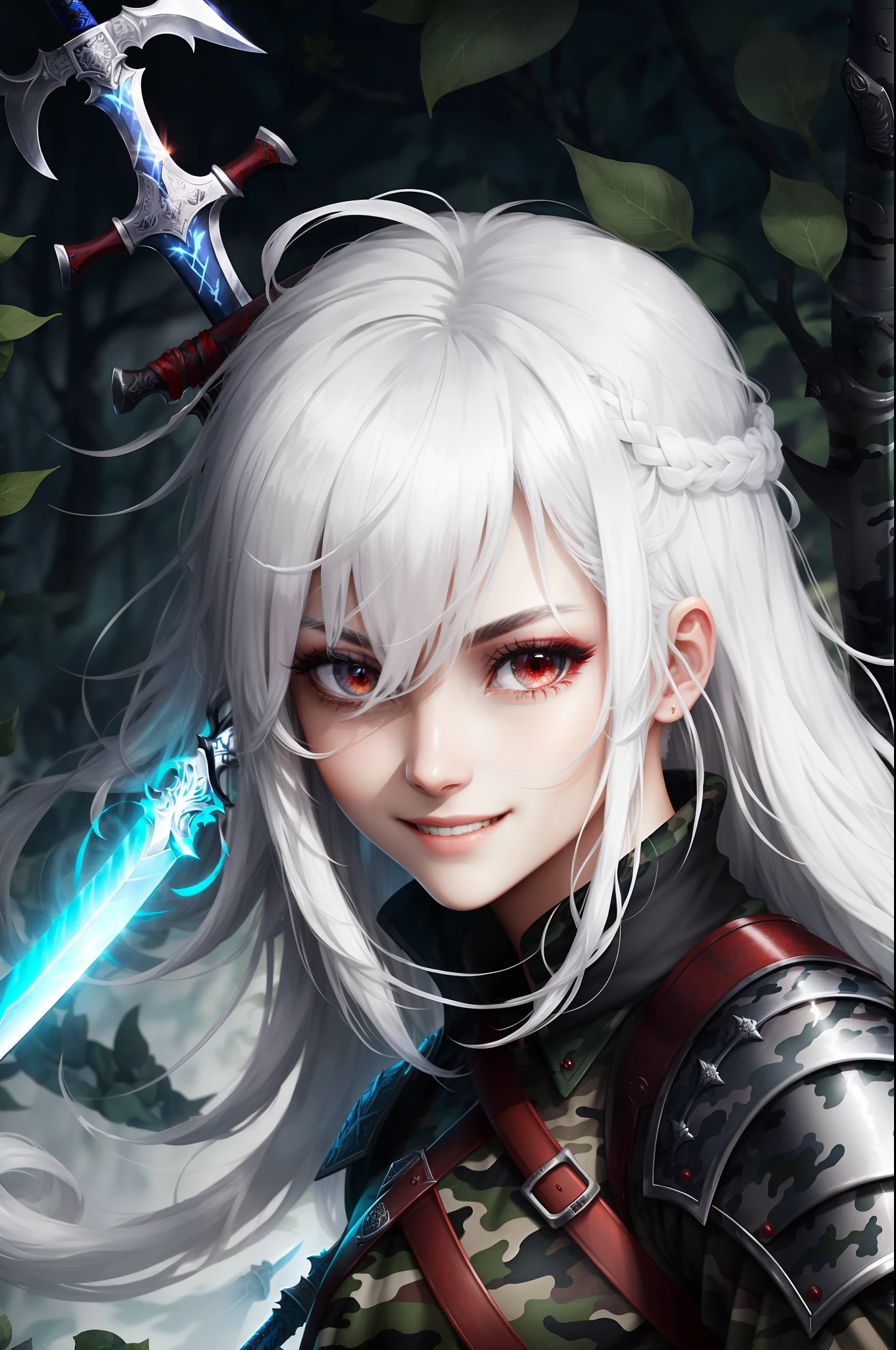 white hair that extends to the back,、His eyes are red and he has a sword wound in one eye.、Woman with bewitching face、A long sword in his right hand、For a slender body、Wearing camouflage、Smiling faintly