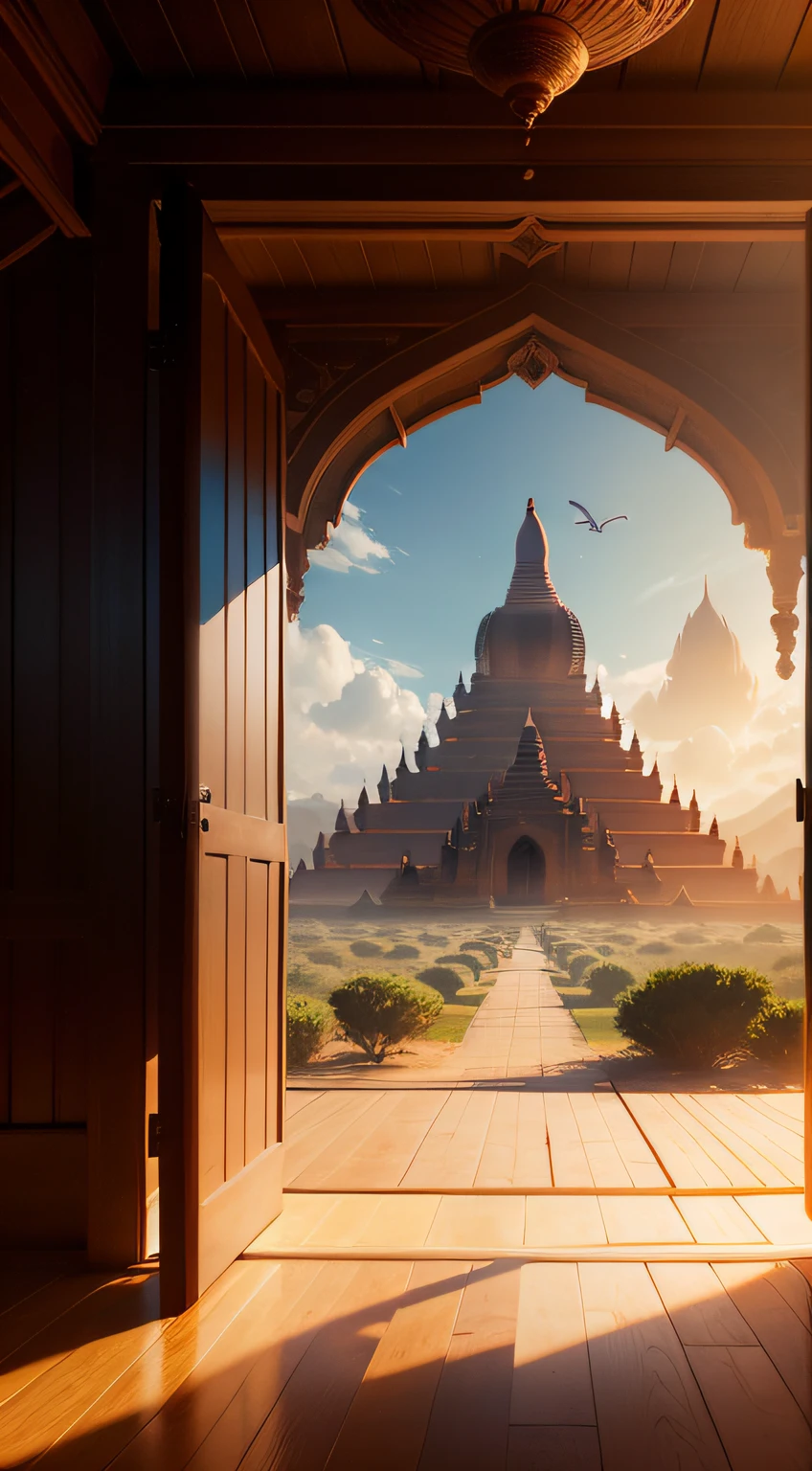 inside of stunning bagan temple , beautiful day, disney animation, pixar animation, vray blender, art of frozen, CGI, octane render