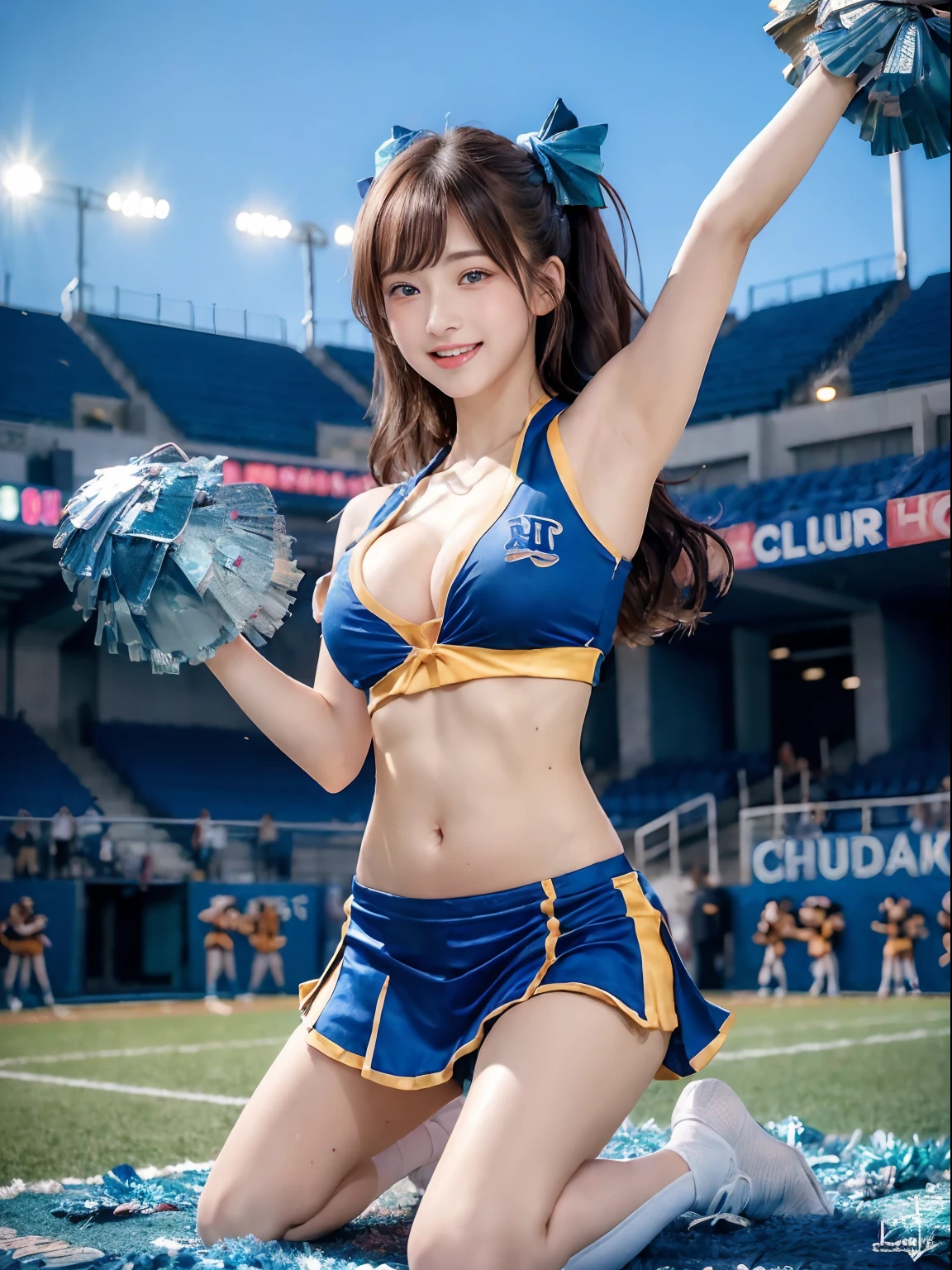 (((top-quality、8K、photographrealistic:1.4、​masterpiece)))、Back lighting、Highly detailed facial texture woman、18year old、(((Blue Cheerleader:1.2)))、((Stadium Background:1.2))、with arms up、A smile、open open mouth、Shiny blonde hair and long hairstyle、a blond。long。Parted sleeves, bare shoulders​, Center opening, cleavage of the breast, Central chest,crouching cowgirl、bow ribbon。Twin-tailed。Kneeling。Golden hair