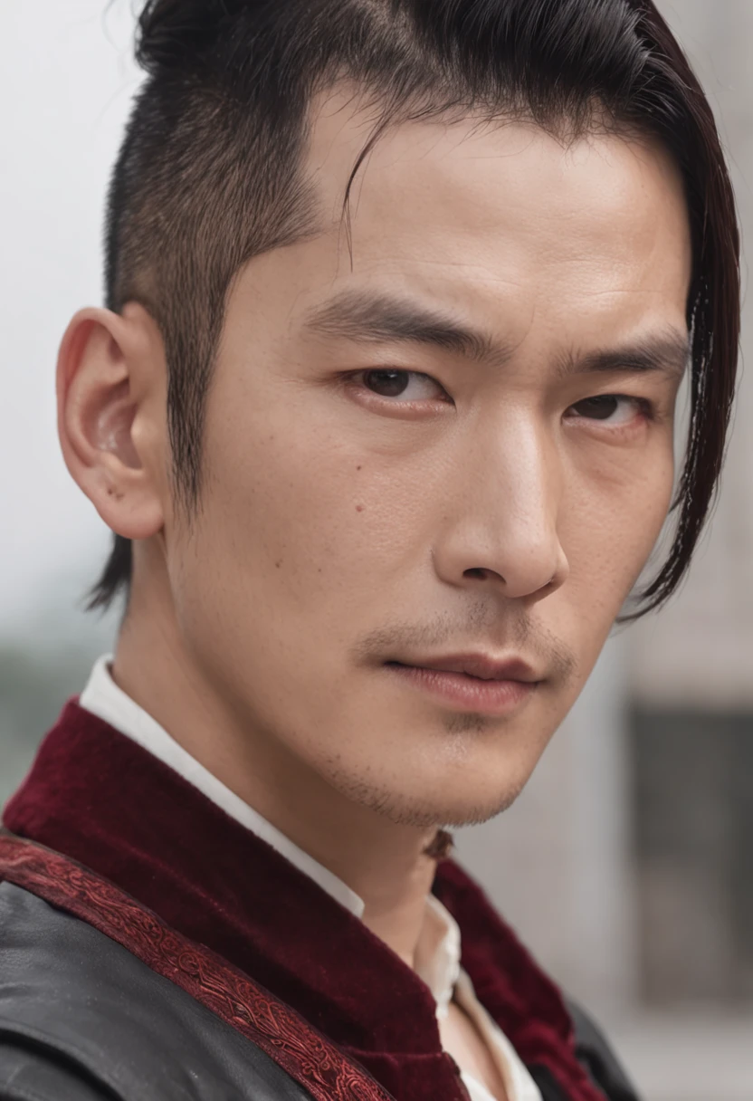 a portrait photo of, Huáng Xiǎomíng and TOP BigBang mix headshot as a weathered 30-year-old man, ugliness, Hideous, lanyard, broad shoulder, well built, rugged, short copper black-colored hair, Hair tied in a loose ponytail, Widow's peak,Whole body muscles ,Confident expression, intense stare, full bodyesbian,Beardless,