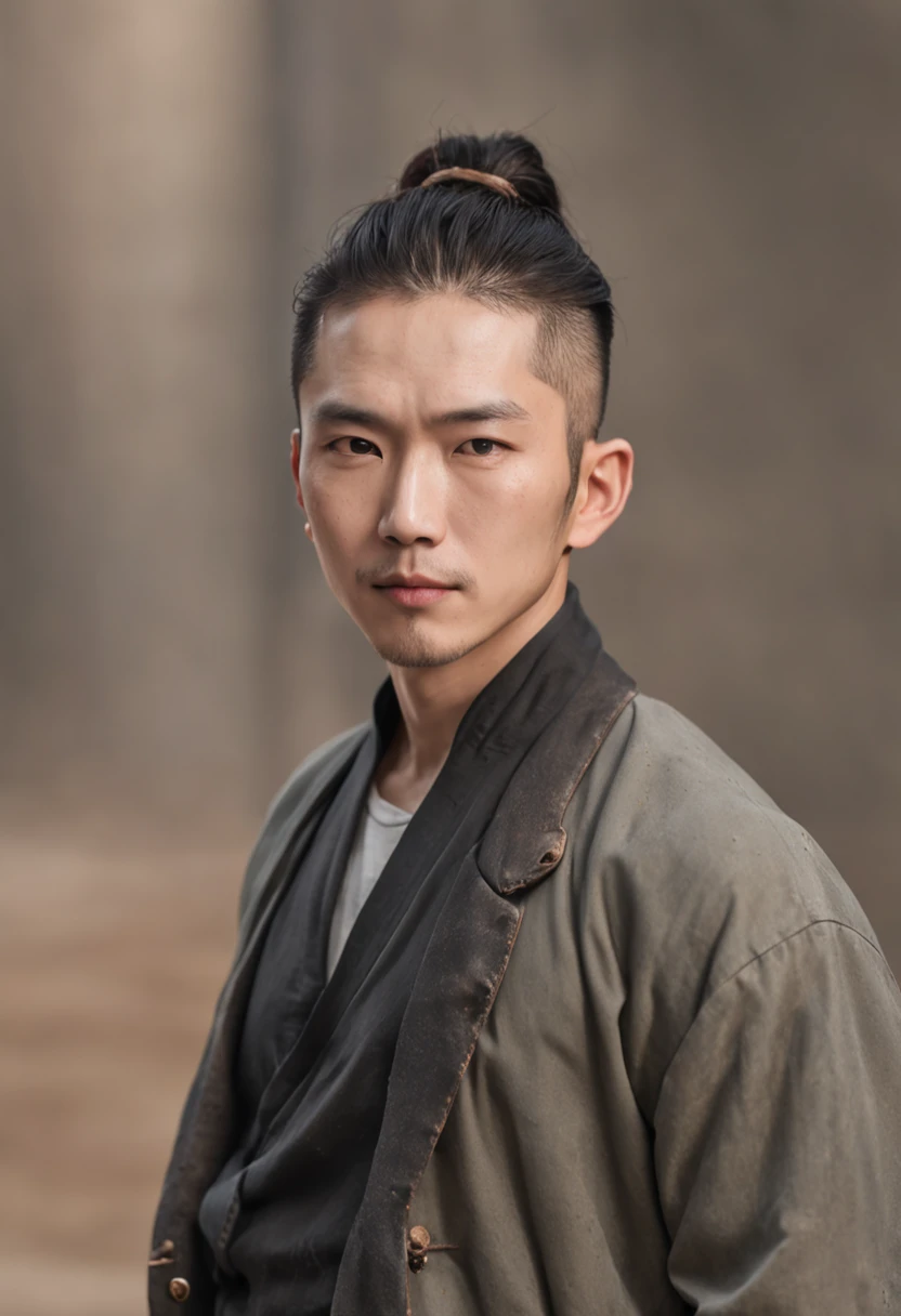 a portrait photo of, Huáng Xiǎomíng and TOP BigBang mix headshot as a weathered 30-year-old man, ugliness, Hideous, lanyard, broad shoulder, well built, rugged, short copper black-colored hair, Hair tied in a loose ponytail, Widow's peak,Whole body muscles ,Confident expression, intense stare, full bodyesbian,Beardless,