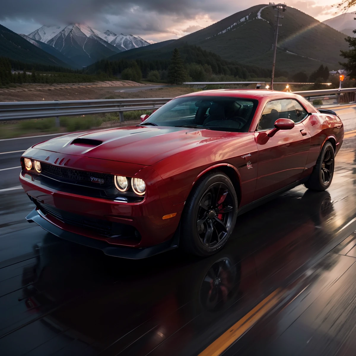 8K、High-quality photos、One Red dodge Challenger hellcat、Convertible with open roof、A forward-facing car is parked in the middle of the road、At the mountain pass at night、Reflection on rain-soaked ground、35mm lens、low angles、Cinematic atmosphere