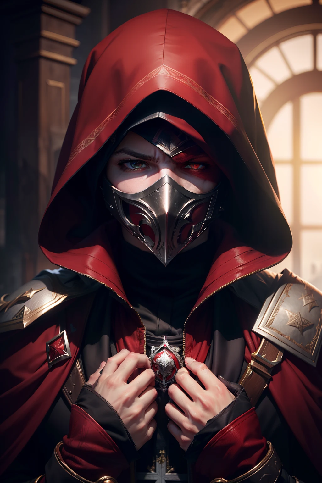 (top Quority,high-class,detail-rich,Ultra photo realsisim:1.2)Full face mask,assassins creed,Full hands on chest,The cloak covers the head,Only the eyes leak out,Both eyes are red,Dark Department,cold-hearted