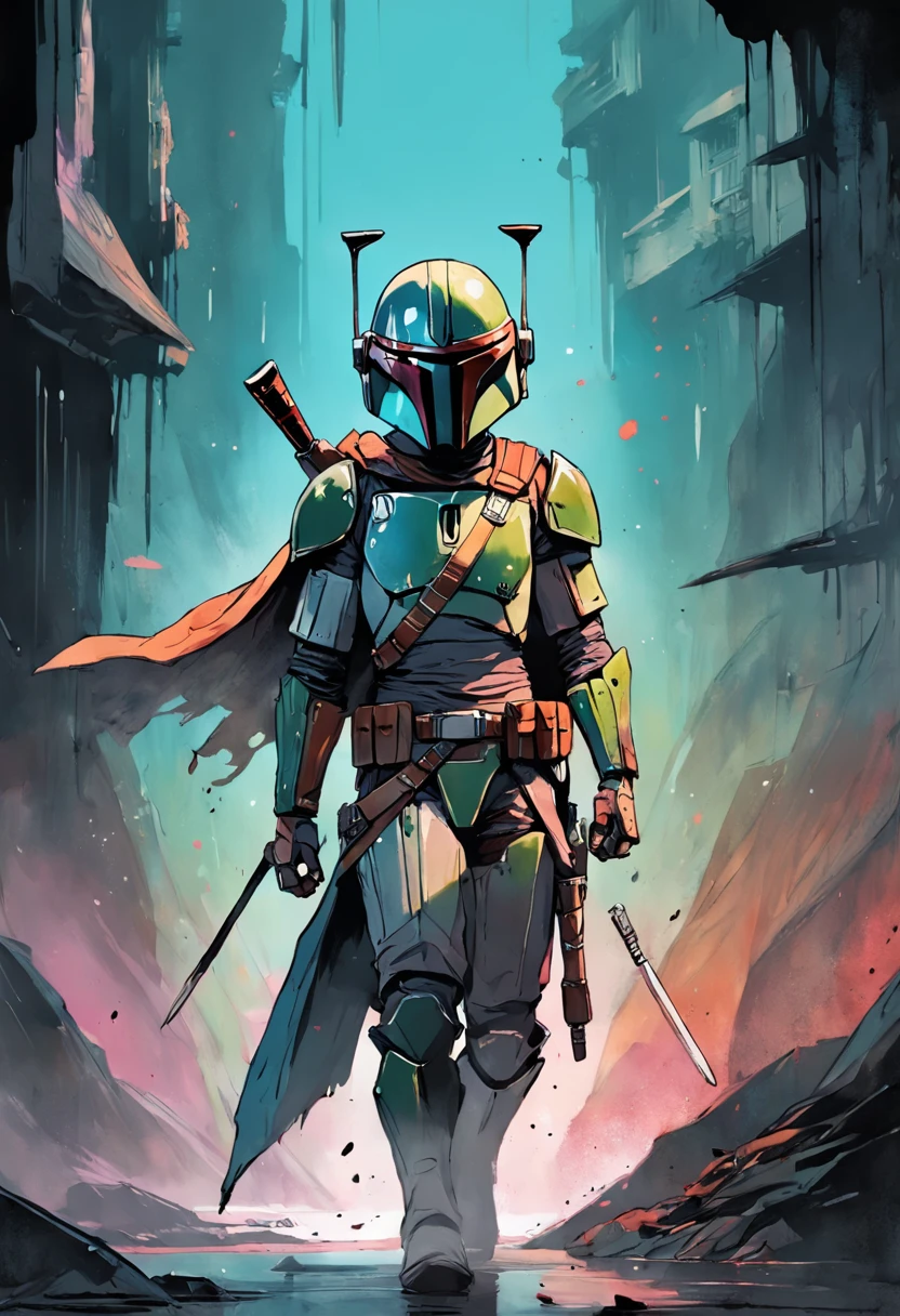 Mandalorian Ink Drawing, digital illustration, Comic strip style, watercolor, Artstation Style, conceptual art, 2d illustration, in door : Peter Draws, in door : Carne Griffiths, making: Wadim Kashin, s whole body, centered,detailed, silky, Dynamic Pose