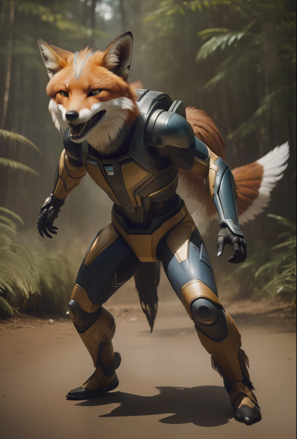 Sci fi humanoid creature with the feathers of a fox and mutant traits similar to rocket teeth grinning expressive eye brows real photography, natural light, photorealism, cinematic rendering, ray tracing, the highest quality, the highest detail, Cinematic, Third-Person View, Blur Effect, Long Exposure, 8K, Ultra-HD, Natural Lighting, Moody Lighting, Cinematic Lighting