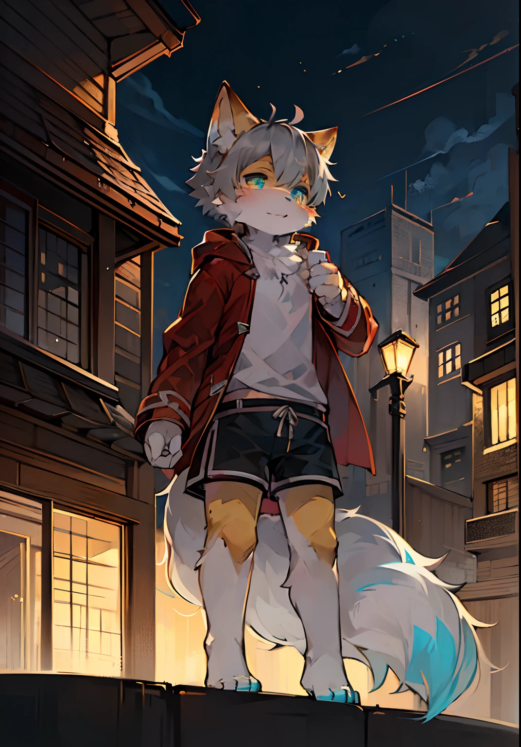 (dark ambient:0.8),masterpiece,high quality,abstract res,digital painting\(artwork\), by dagasi, yupa,kiyosan,(anthro,fluffy fur,character focus:1.1),anthro male cat,short hair,portrait , eyes with brightness,Super cute face, a panoramic view, Character focus.(detailedbackground:0.7), 独奏, shaggy, Hairy male, Male focus, anthr,(Full Body Furry, Fluffy tail, Yellow fur, cyan eyes, Gray hair:1.2), (long canines、red fox、wind coat、upshorts:1.2),(Externally、in the early morning、Modern high-rise、Rooftop:1.1)