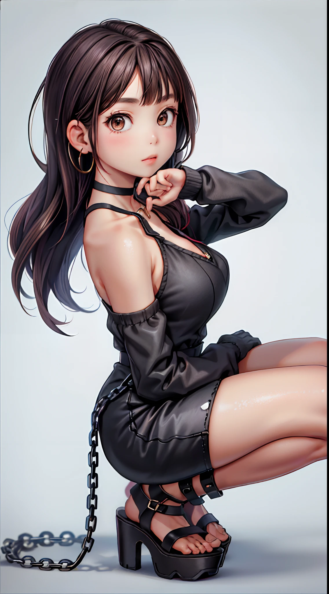 masterpiece, best quality,1girl,young girl,brown eyes,long hair,mesugaki smile,shiny skin,(nice leg line:1.3),thick thighs,thin waist,huge breasts
BREAK
, Black_bodysuit, high-waisted_shorts, platform_sandals, chain_choker_necklace, hoop_earrings,
BREAK
, Department_store,,crowd,depth of field,looking at viewer,squatting,from side,upper body,legsupsexms