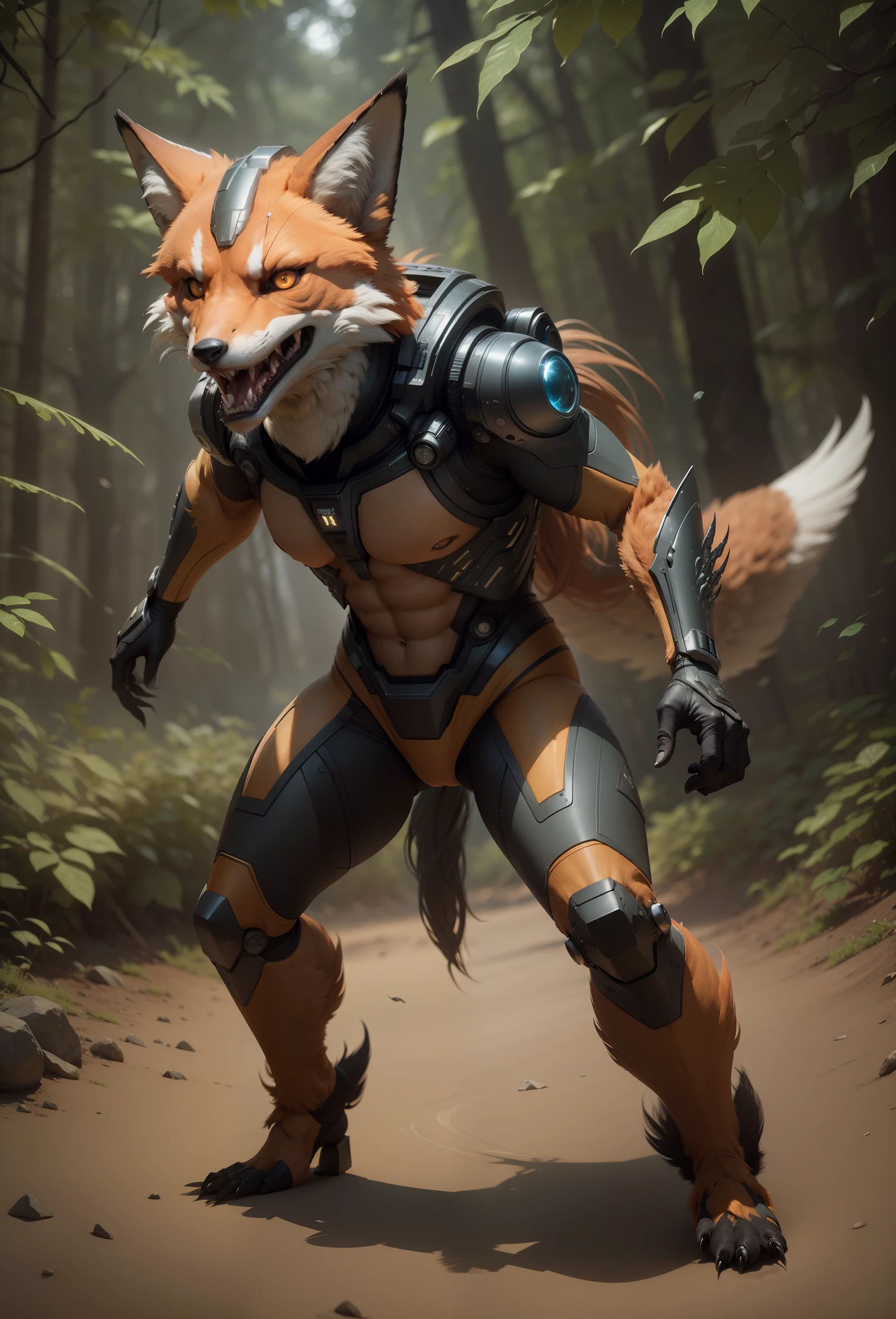 Sci fi humanoid creature with the feathers of a fox and mutant traits similar to rocket teeth roar expressive eye brows real photography, natural light, photorealism, cinematic rendering, ray tracing, the highest quality, the highest detail, Cinematic, Third-Person View, Blur Effect, Long Exposure, 8K, Ultra-HD, Natural Lighting, Moody Lighting, Cinematic Lighting
