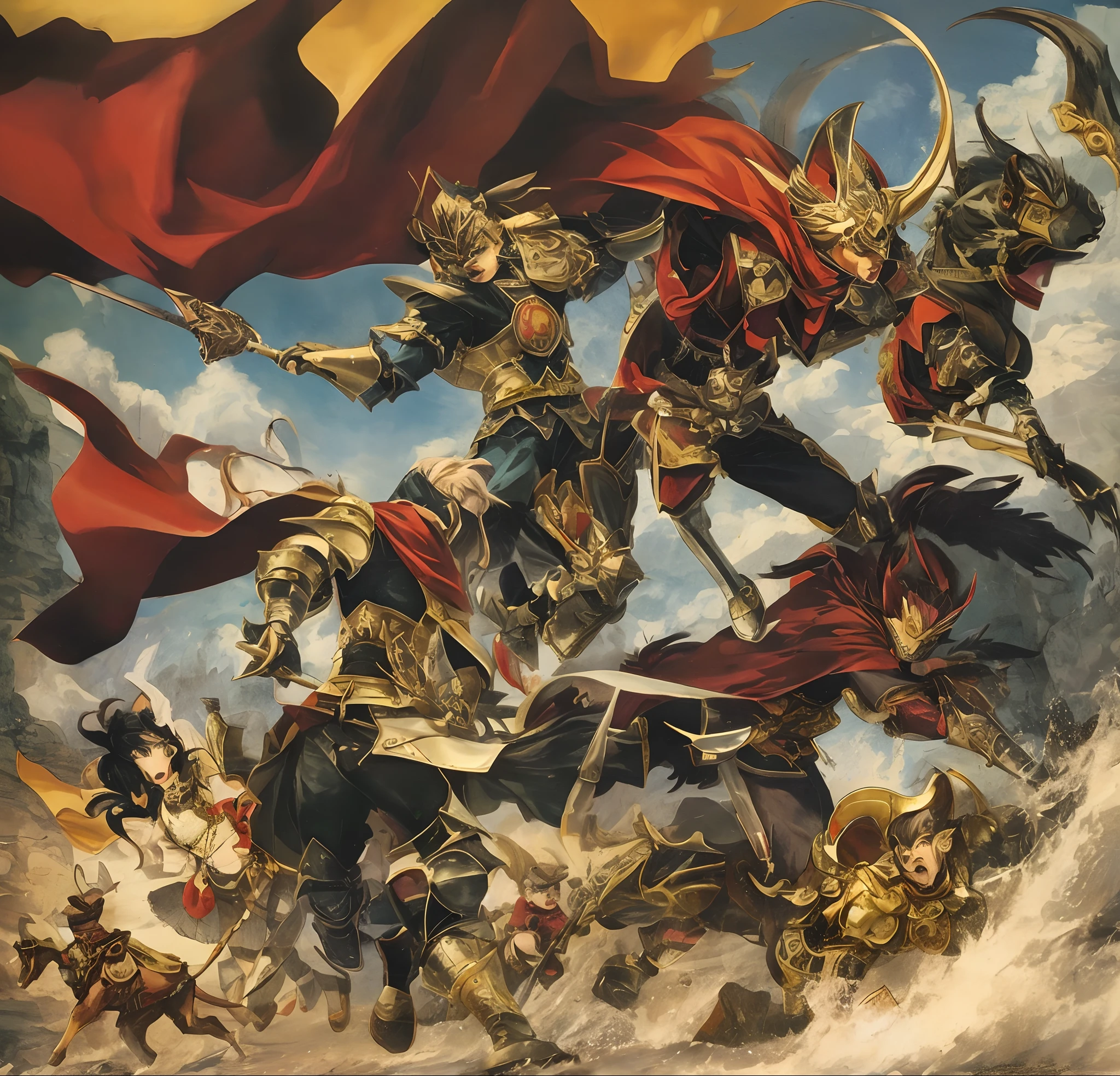 Cool antique anime characters,Three eyes,Wearing armor,Back cape,Surrounded by domineering roaring dogs