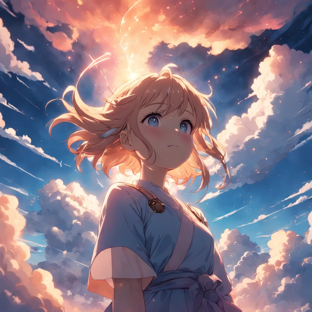 masterpiece, best quality, movie still, 1girl, cloud girl, floating in the sky, close-up, bright, happy, warm soft lighting, sunset, (sparks:0.7)