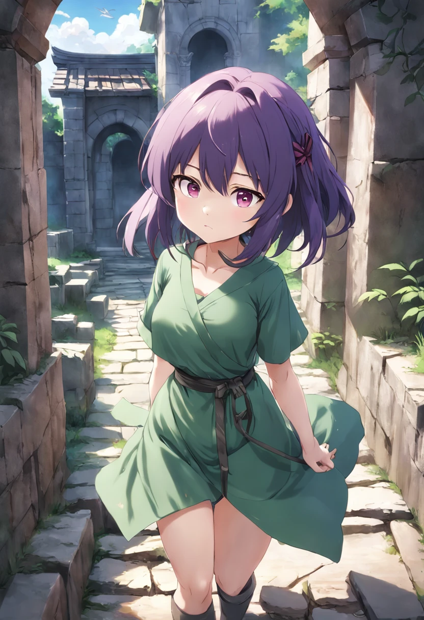 ancient ruin、Stone walkway、Anime girl with purple hair and green shirt, anime moe art style, render of april, Misato Katsuragi, young anime girl, Smooth Anime CG Art, Anime visuals of cute girls, made with anime painter studio, (Anime Girl), render of a cute 3d anime girl, High quality anime art style