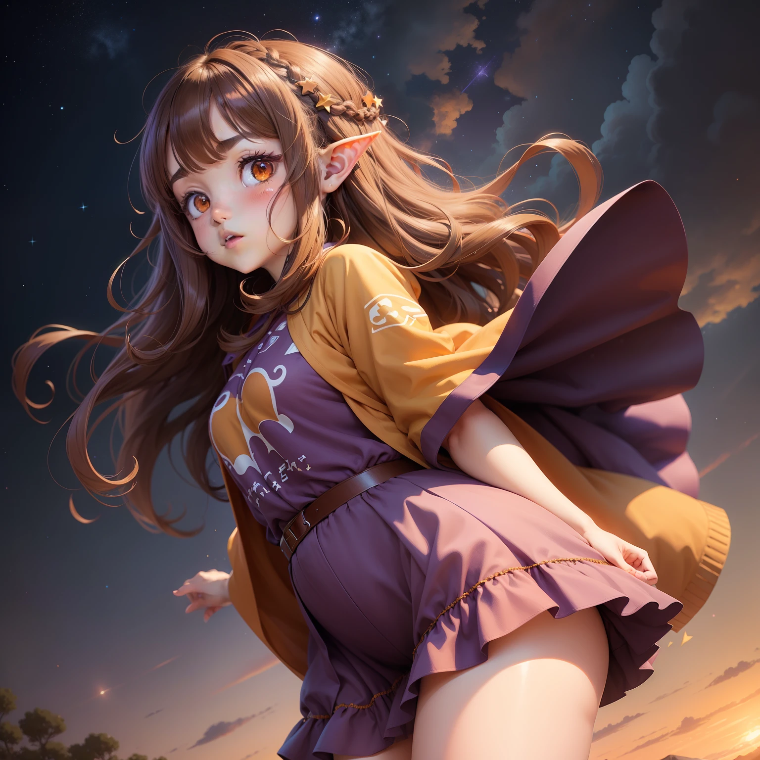 One anime girl, wavy brown hair, orange eyes, chubby body, elf clothes, purple clothes, just one person, Clear sky background with stars.
