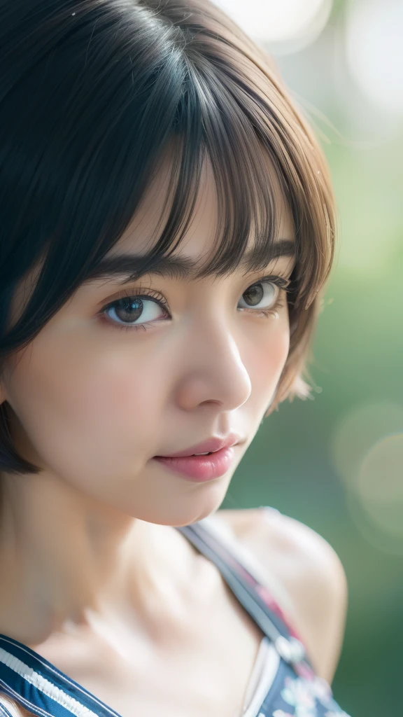 (the Extremely Detailed CG Unity 8K Wallpapers,masutepiece, Best Quality, Ultra-detailed),((Straddling)),16-year-old woman in Japan,Delicate and beautiful 16 year old woman,Sexy 16 year old woman,Neat hairstyles with short hair, camisole ((No shoulder strap)), Cowboy Shot
