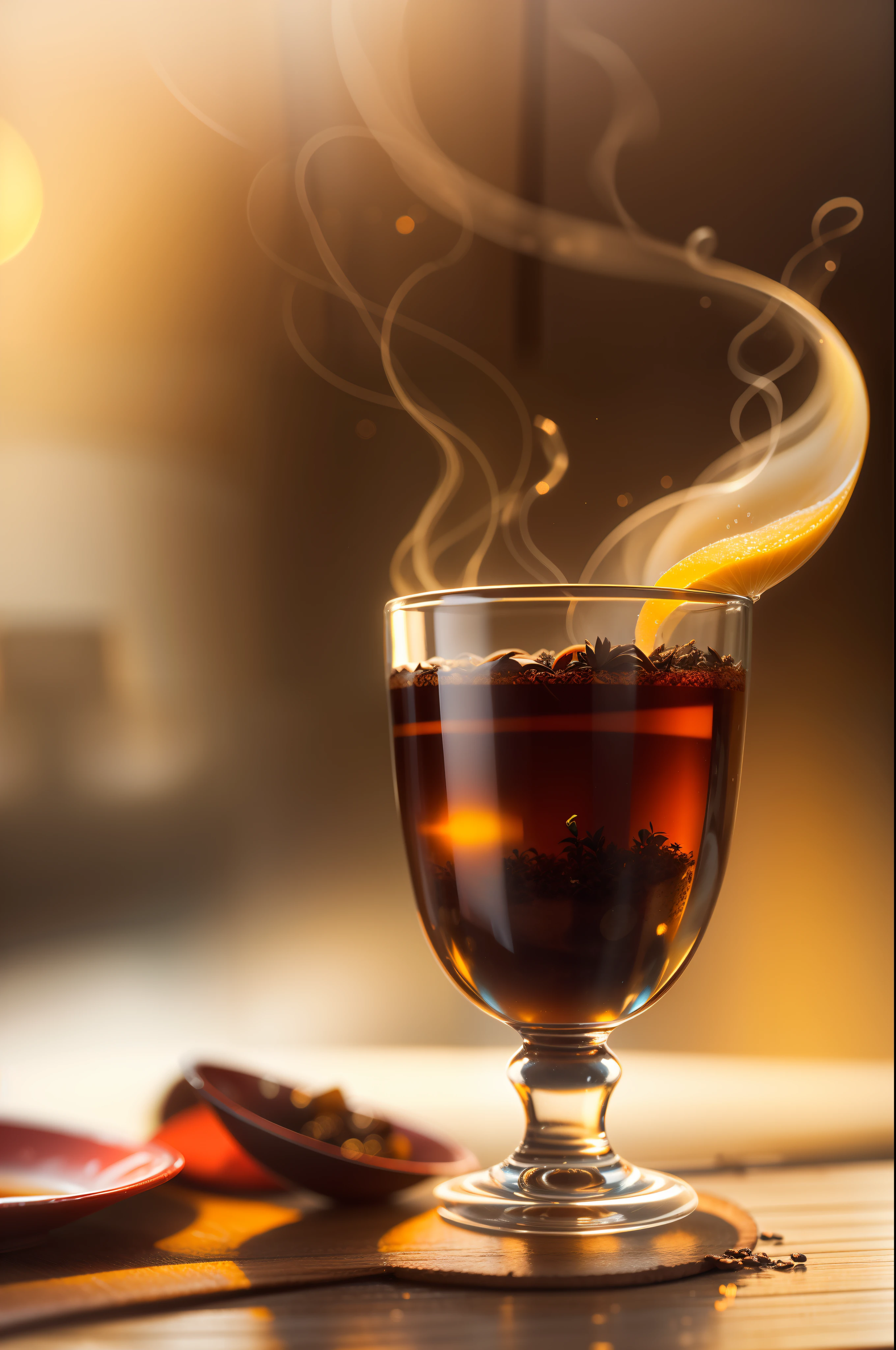 A glass of Pu-erh tea,Piping hot,Ray traching,with light glowing,Background bokeh,HighestQuali。4k