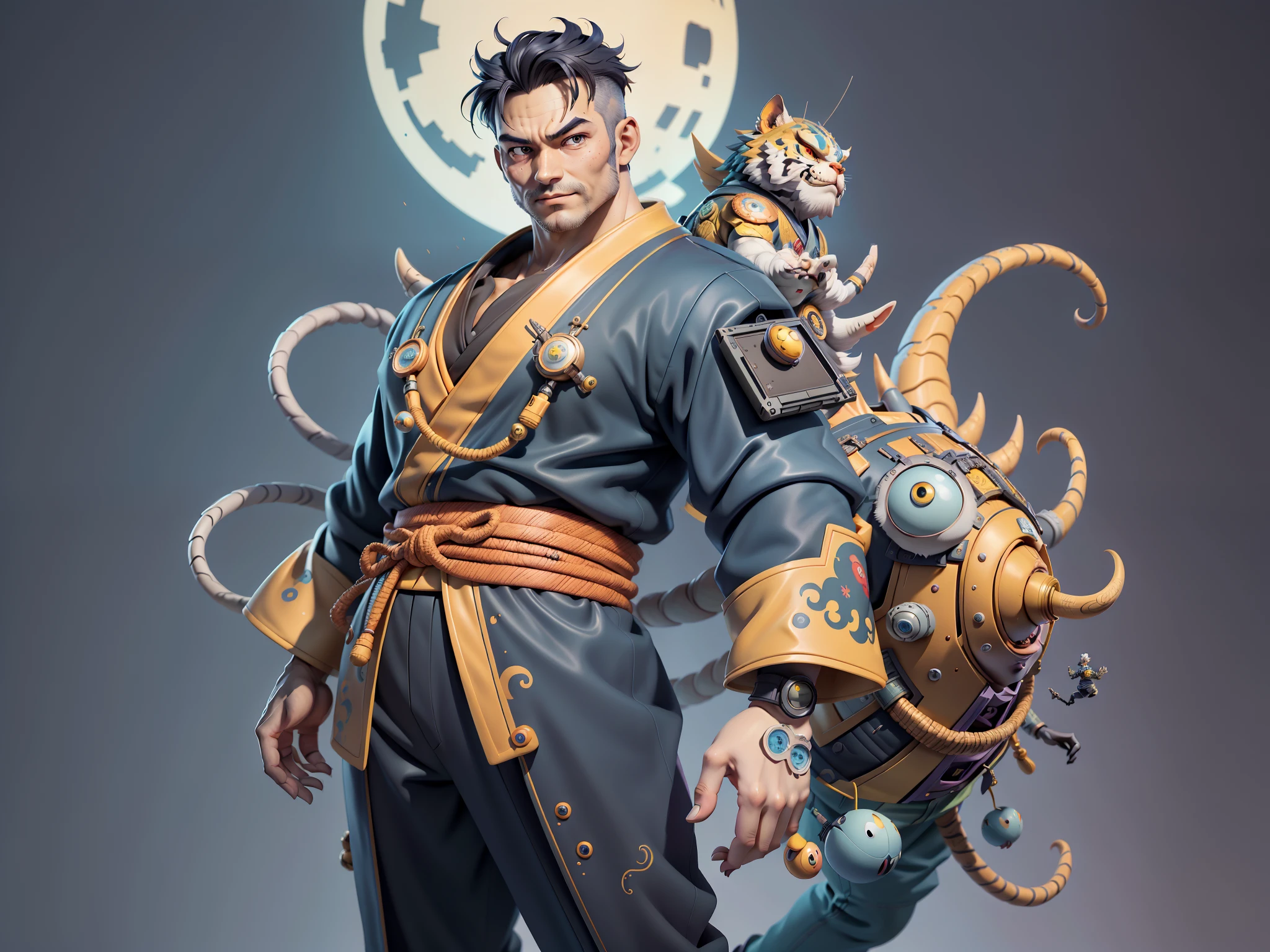 (Masterpiece), (Excellent), (Super Meticulous), (Full Body: 1.2), Super Young Man, Oriental Face, Japanese Kimono, Japanese Wind Thunder God, Dragon, Tiger, TV Anchor, Bust Portrait Illustration, Alone, Black Suit, Blue Tie, Slightly Chubby Face, Very Clean Face, No Beard, Black Super Short Hair, Black Eyes, Confident Smile, 3c Computer Sub-Products, iPad, iPhone, Digital Painting, 3D Character Design by Akira Toriyama and Mark Claireden and Pixar and Hayao Miyazaki, The illustration is a high-definition illustration in 4K resolution with very detailed facial features and cartoon-style visuals.