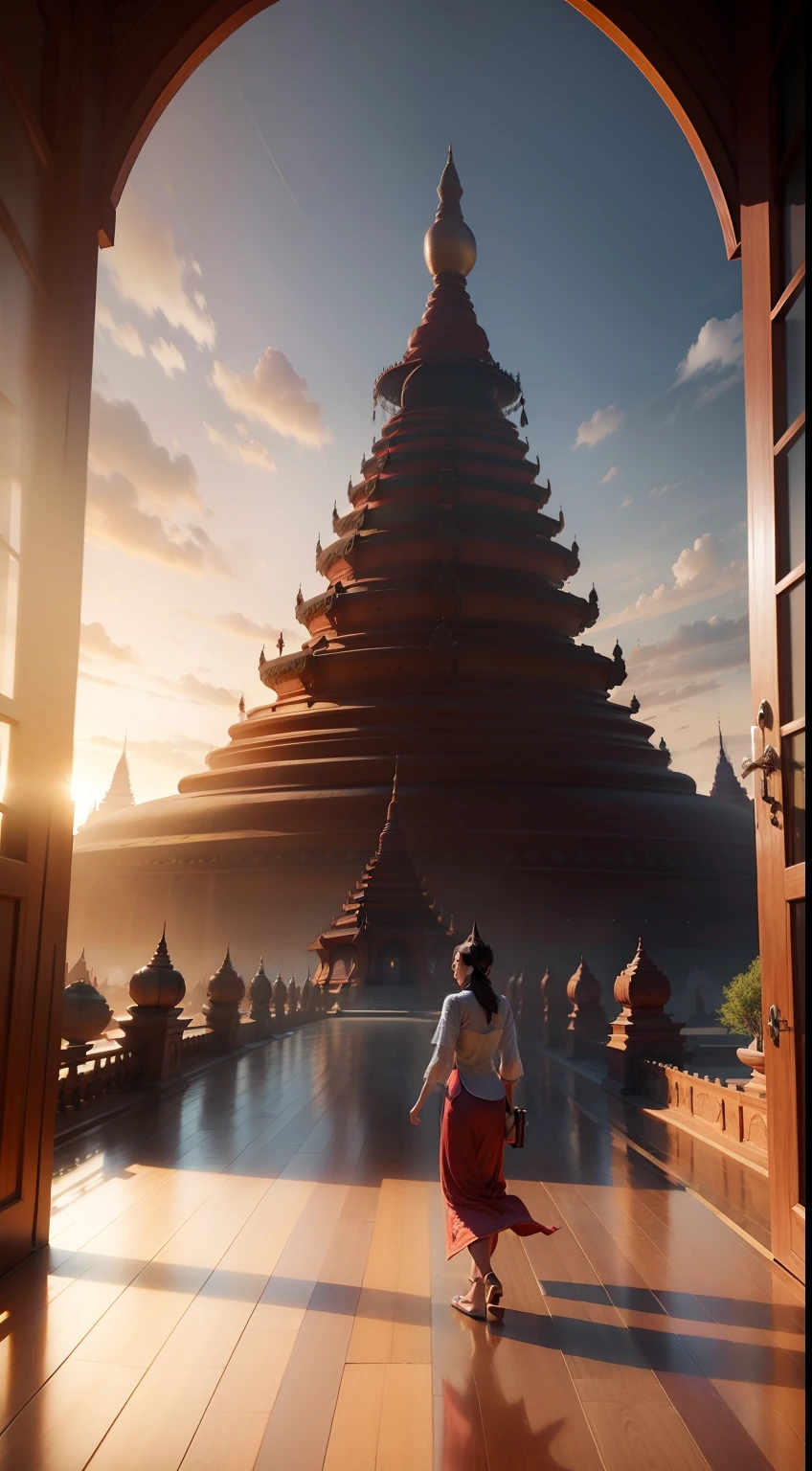 inside of stunning Bagan pagoda, Myanmar , beautiful day, Disney animation, Pixar animation, vray blender, art of frozen, CGI, octane render