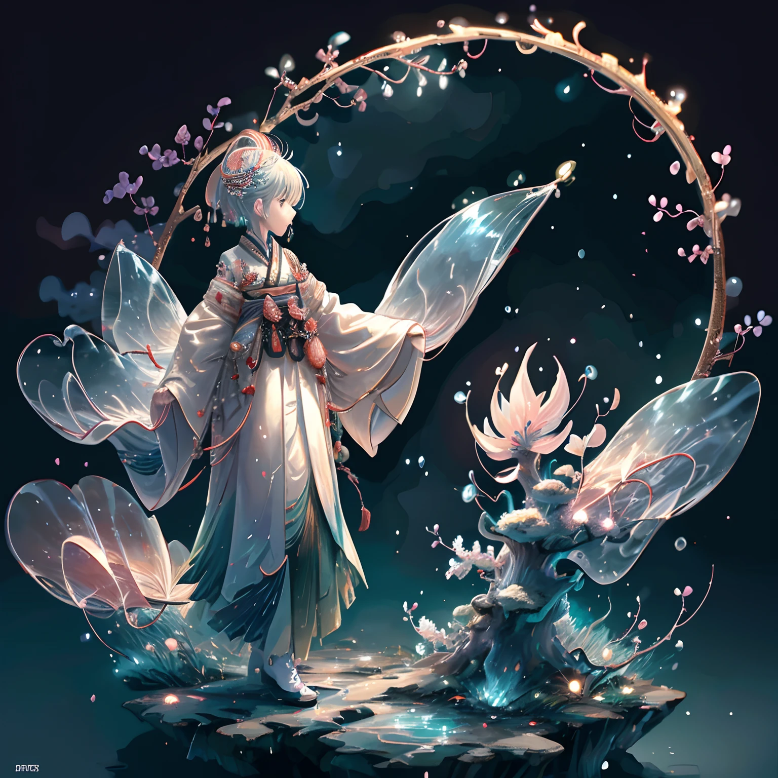 ​masterpiece、best qualtiy、Stunning reflections、Best reflection ever。 (Highly detailed CG Unity 8K wallpapers)、(top-quality)、(The best illustrations)、(Best Shadows)、Forest theme with natural elements。nighttime scene、Tall trees々、Old buildings in Japan、Quiet creek、Small glowing mushrooms surrounded by delicate leaves and branches、Fireflies and glowing particle effect、（1人の女性、20yr old、Adults、Wearing a white kimono、blue hairs、short-hair）、（Natural elements）、（Jungle theme）、（fronds）、（Twigs）、（fireflys）、butterflys、（Delicate）fronds)、(Glow)、(Particle effect)。 、Isometric 3D、Octane Rendering、lay tracing、ultra-detailliert