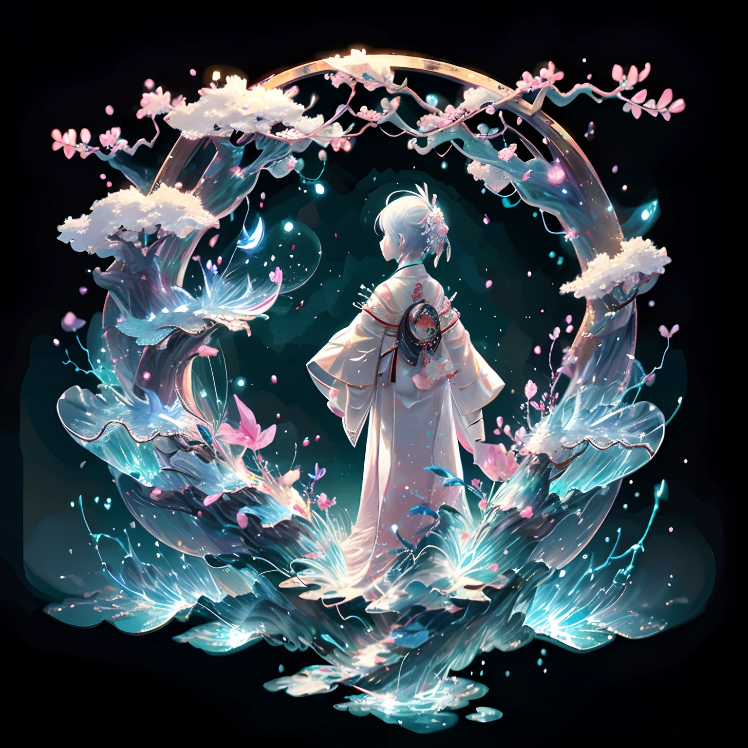 masterpiece、best qualtiy、Stunning reflections、Best reflection ever。 (Highly detailed CG Unity 8K wallpapers)、(top-quality)、(The best illustrations)、(Best Shadows)、Forest theme with natural elements。nighttime scene、Tall trees々、Old buildings in Japan、Quiet creek、Small glowing mushrooms surrounded by delicate leaves and branches、Fireflies and glowing particle effect、(1人の女性、20yr old、Adults、Wearing a white kimono、blue hairs、short-hair)、(Natural elements)、(Jungle theme)、(fronds)、(Twigs)、(fireflys)、butterflys、(Delicate)fronds)、(Glow)、(Particle effect)。 、Isometric 3D、Octane Rendering、lay tracing、ultra-detailliert