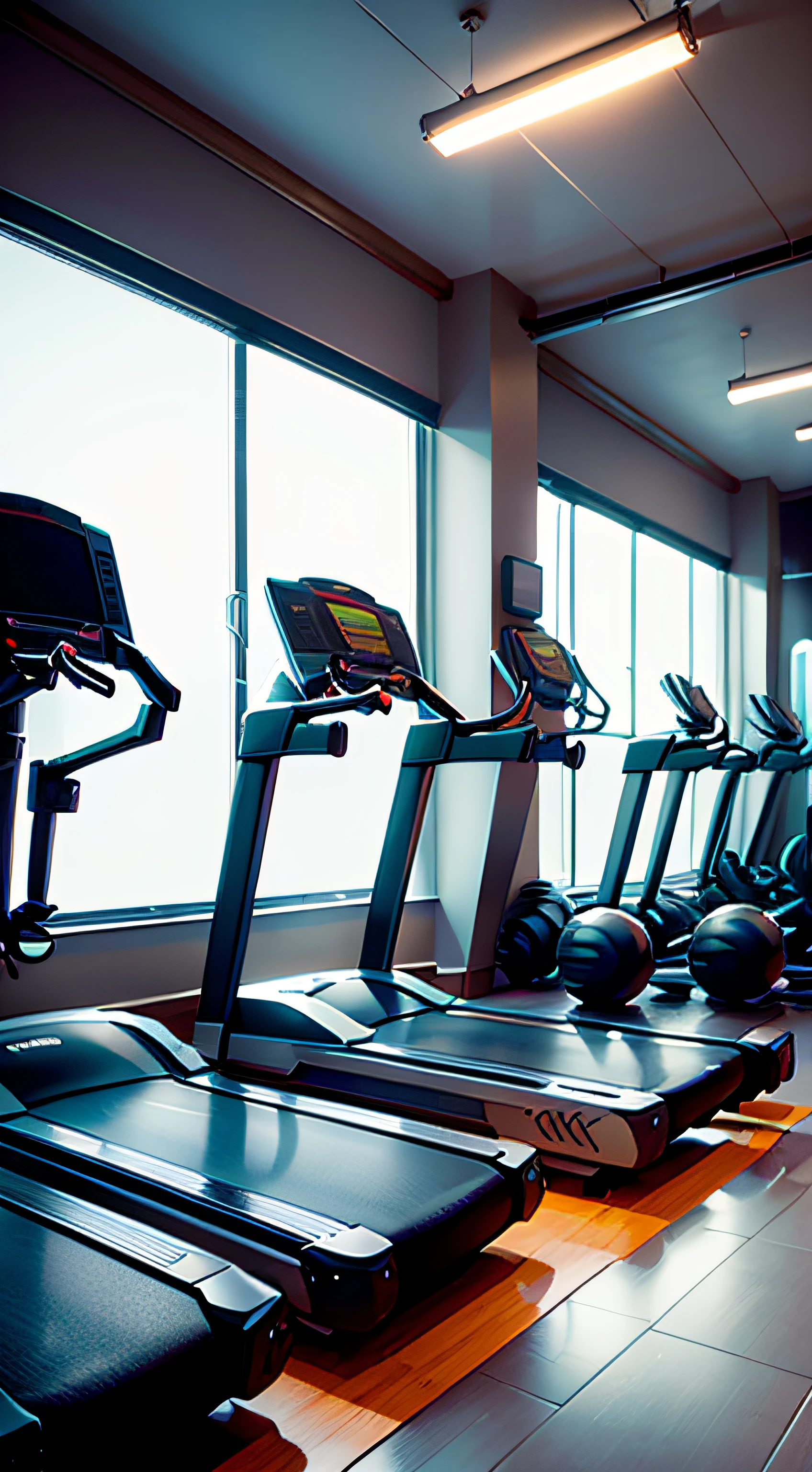inside big gym (dumbbells, treadmill, punching bag, balls, no people, tv screen)