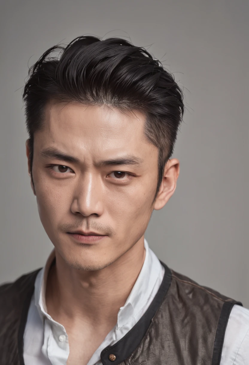 a portrait photo of, Wallace Huo  and TOP BigBang mix headshot as a weathered 30-year-old man, ugliness, Hideous, lanyard, broad shoulder, well built, rugged, short copper black-colored hair, Hair tied in a loose ponytail, Widow's peak,Whole body muscles ，Confident expression, intense stare, full bodyesbian，Beardless，