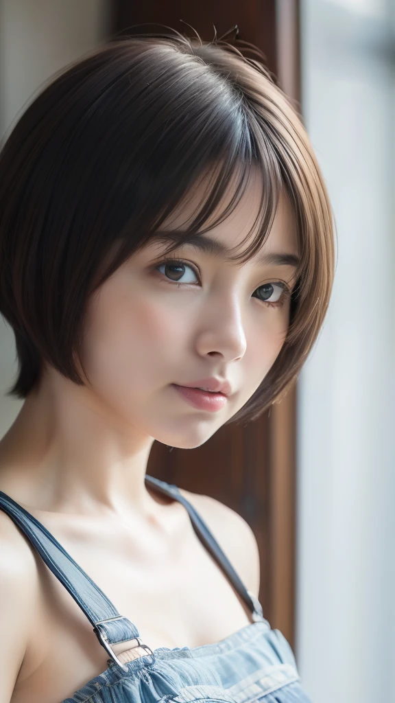 (the Extremely Detailed CG Unity 8K Wallpapers,masutepiece, Best Quality, Ultra-detailed),((Straddling)),16-year-old woman in Japan,Delicate and beautiful 16 year old woman,Sexy 16 year old woman,Neat hairstyles with short hair, camisole ((No shoulder strap)), Cowboy Shot