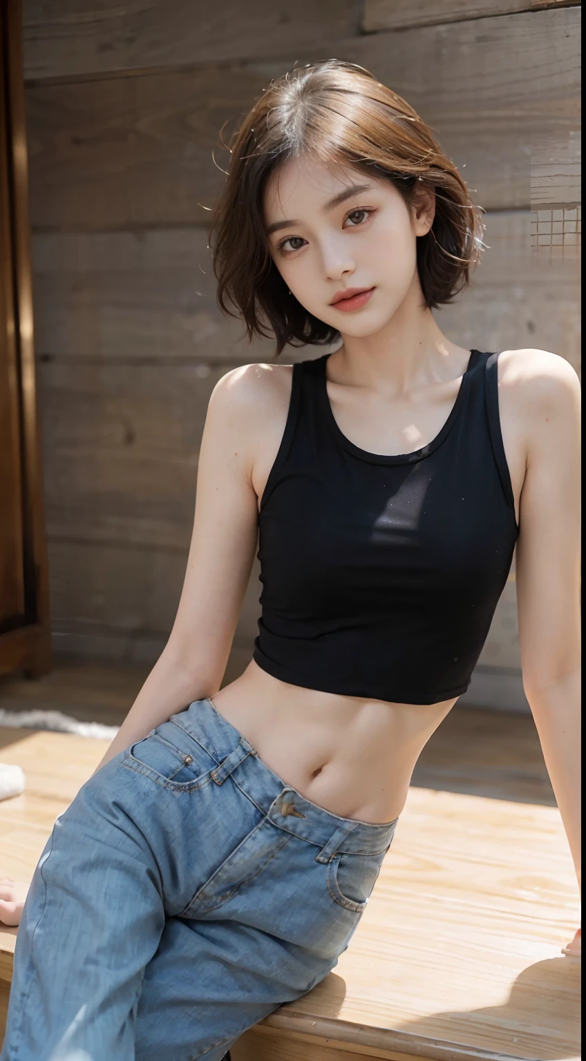 ((middlebreast,Tomboyish,small heads)),rays of sunshine,rays of sunshine,(Well-defined abs:1.1),(perfect bodies:1.1),(Short curly hair:1.2),Full body photo,Bokeh background,wearing a black tank top,shorter pants,(Extremely refined and beautiful),(tmasterpiece),(best qualtiy:1.0),beautiful light up,Perfect light,realistic shaded,Delicate skin,ultra - detailed