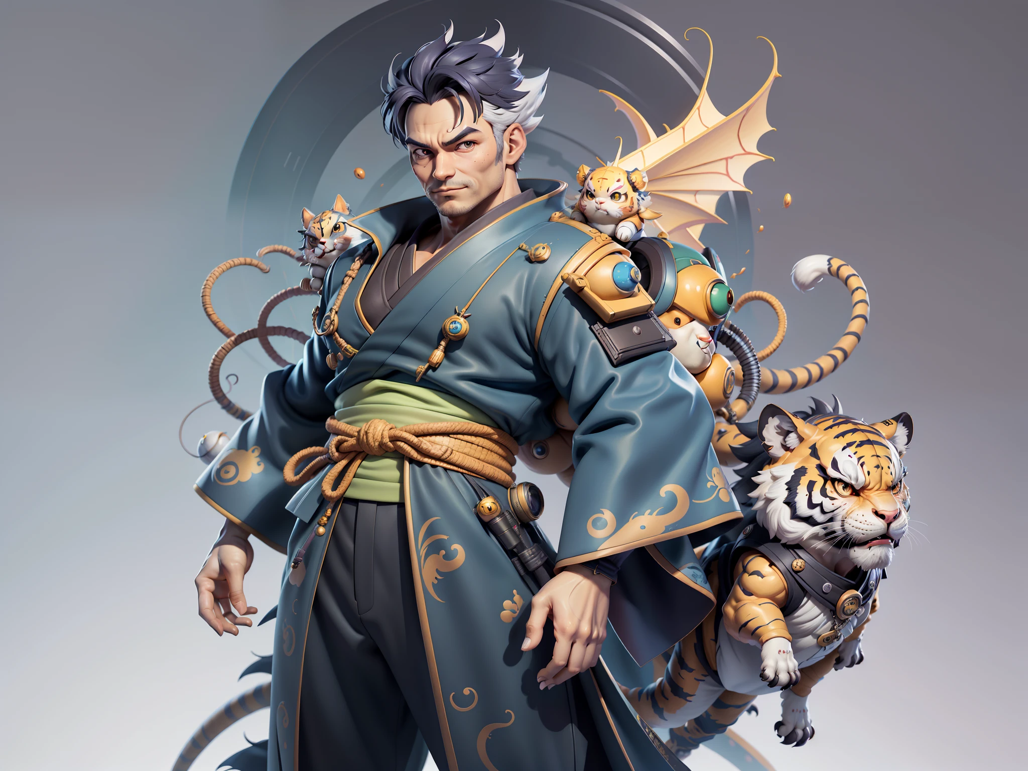 (Masterpiece), (Excellent), (Super Meticulous), (Full Body: 1.2), Super Young Man, Oriental Face, Japanese Kimono, Japanese Wind Thunder God, Dragon, Tiger, TV Anchor, Bust Portrait Illustration, Alone, Black Suit, Blue Tie, Slightly Chubby Face, Very Clean Face, No Beard, Black Super Short Hair, Black Eyes, Confident Smile, 3c Computer Sub-Products, iPad, iPhone, Digital Painting, 3D Character Design by Akira Toriyama and Mark Claireden and Pixar and Hayao Miyazaki, The illustration is a high-definition illustration in 4K resolution with very detailed facial features and cartoon-style visuals.