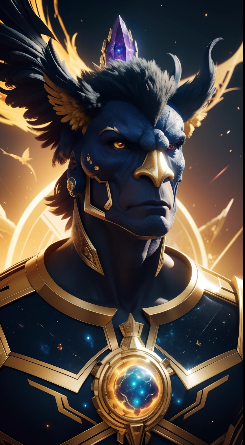 planet destroyer, celestial, rooster cyber face, human body, keeping yellow mind infinity stone, Animal Anthropomorphism, realistic digital, humanoid, abstract background, global illumination, intricate, epic, dramatic, masterpiece, high detail, best quality, ultra high res