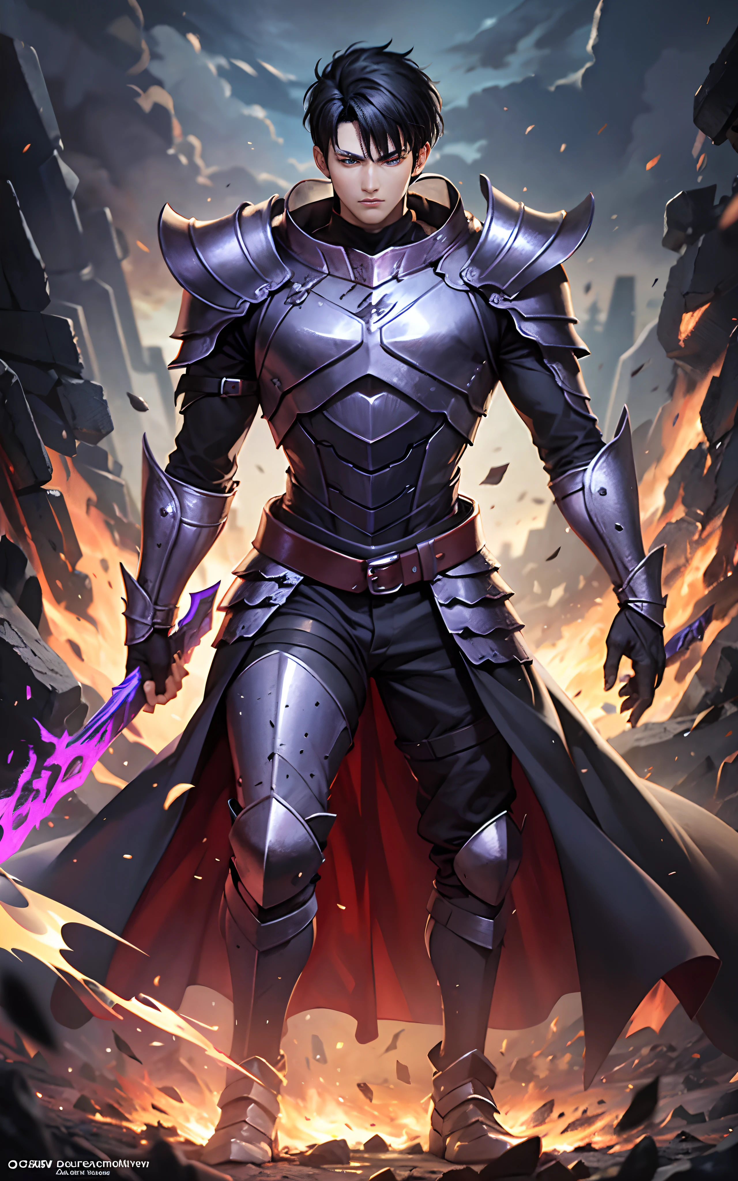 Guts (Berserk) full body scene with  black  hair, handsome face 20 years old, cold, fiery eyes, center, full body black armor inspired by dragon scales reflecting hell fire and purple black lightning.