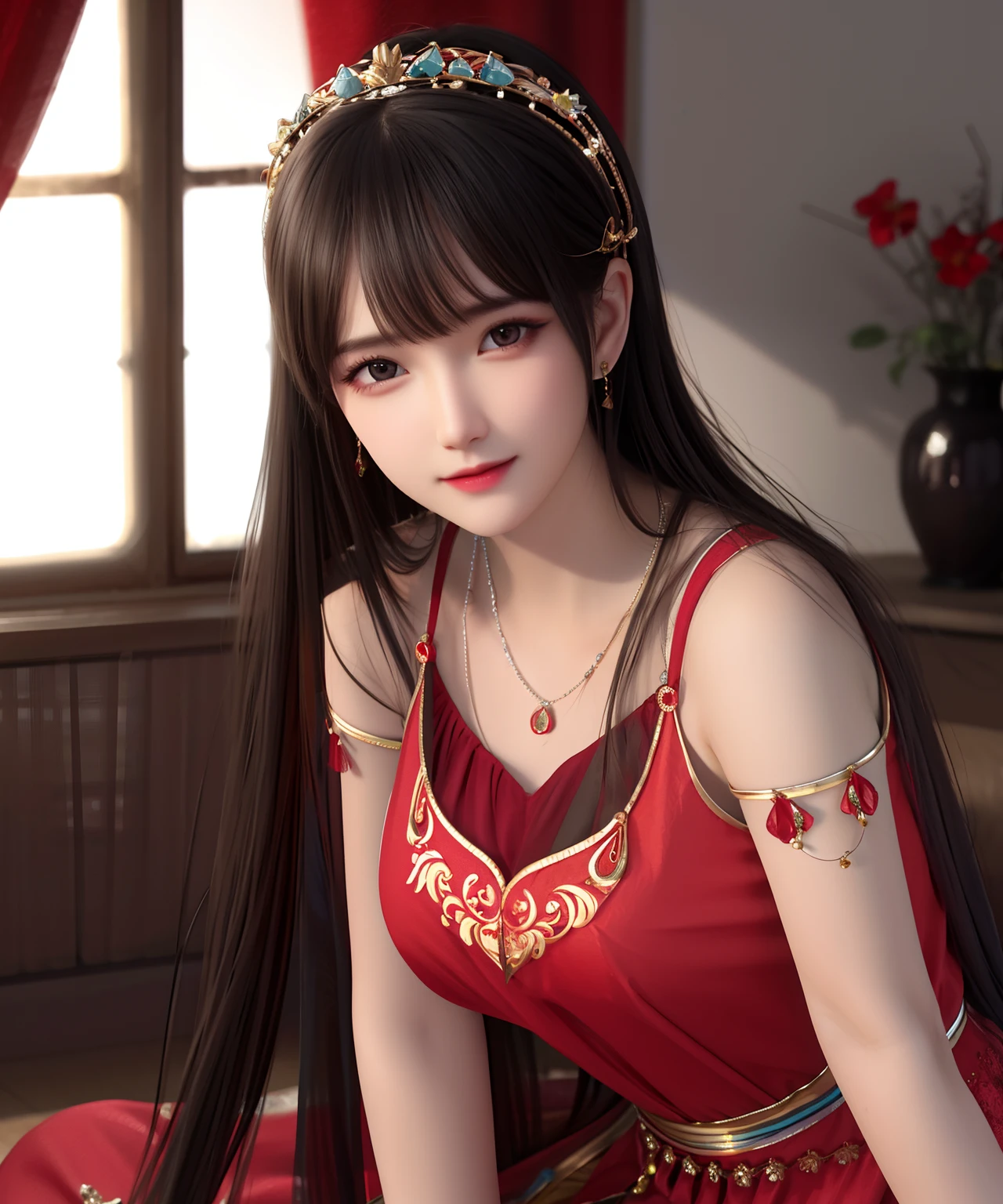 Best Quality, Masterpiece, High Resolution, 1Girl, Porcelain Dress, Hair Accessories, Necklace, Jewelry, Beautiful Face, Body, Tyndall Effect, Realism, Dark Studio, Edge Lighting, Two-tone Lighting, (High Detail Skin: 1.2), 8K UHD, DSLR, Soft Light, High Quality, Volumetric Light, Voyeur, Photo, High Resolution, 4K, 8K, Background Bokeh, Red Clothes